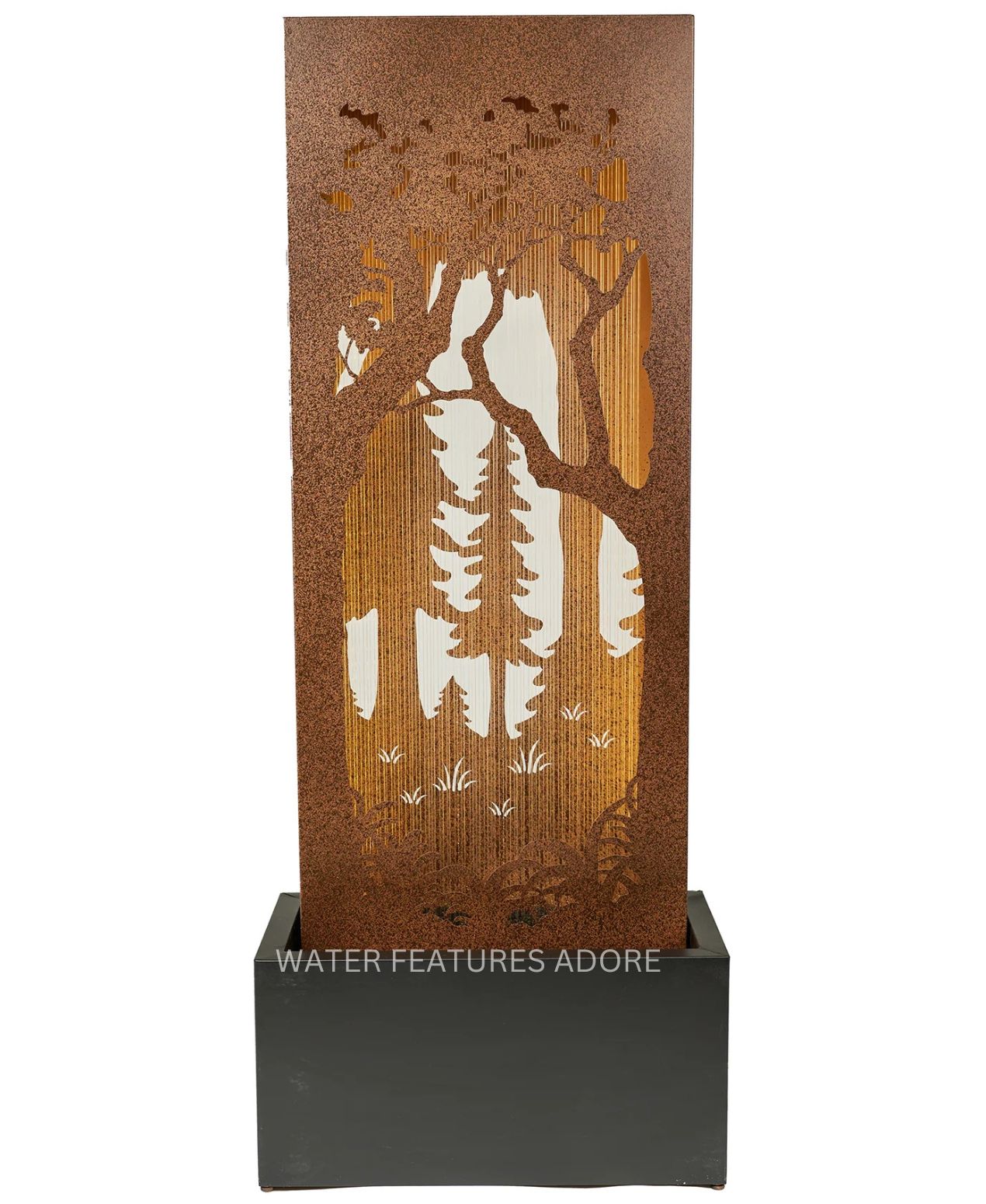 Decorative water feature with tree design on a white background