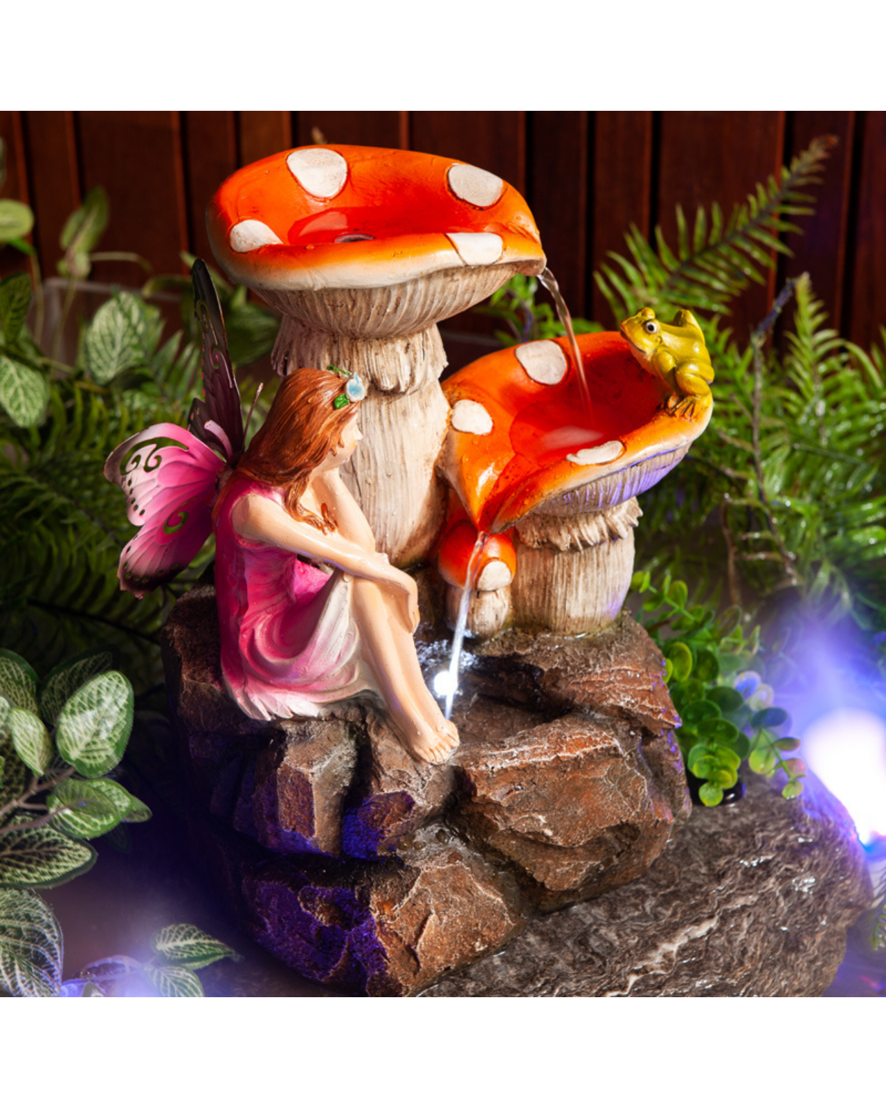 Fairy on Rocks with Mushrooms & Frog LED Light Water Feature 42cm