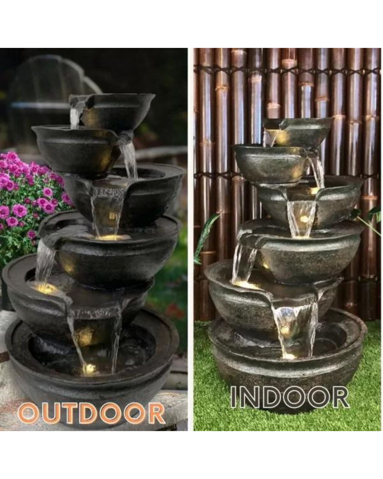 Purl- Cascading Lighting 6 Bowls Waterfalls Water Feature