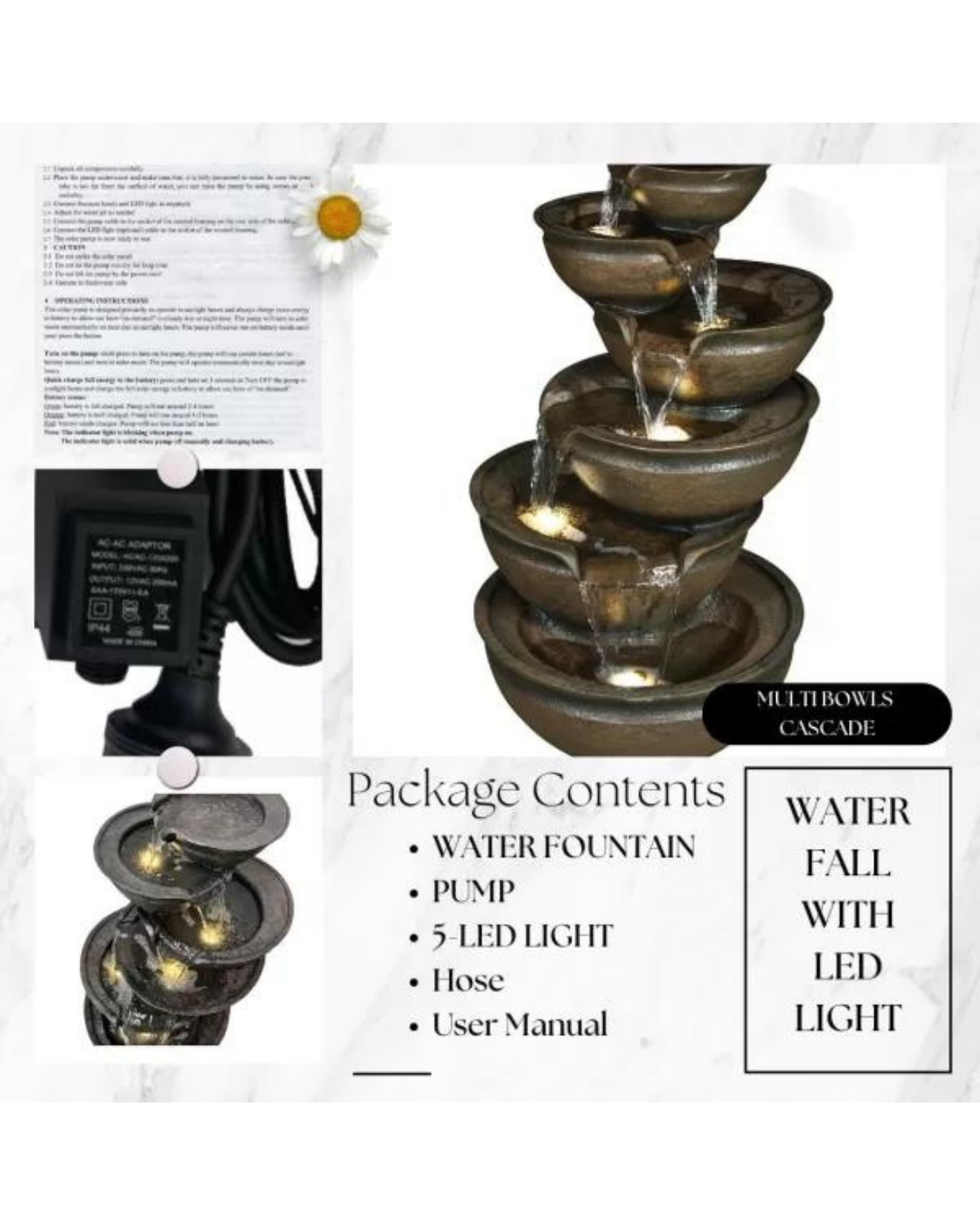 Purl- Cascading Lighting 6 Bowls Waterfalls Water Feature