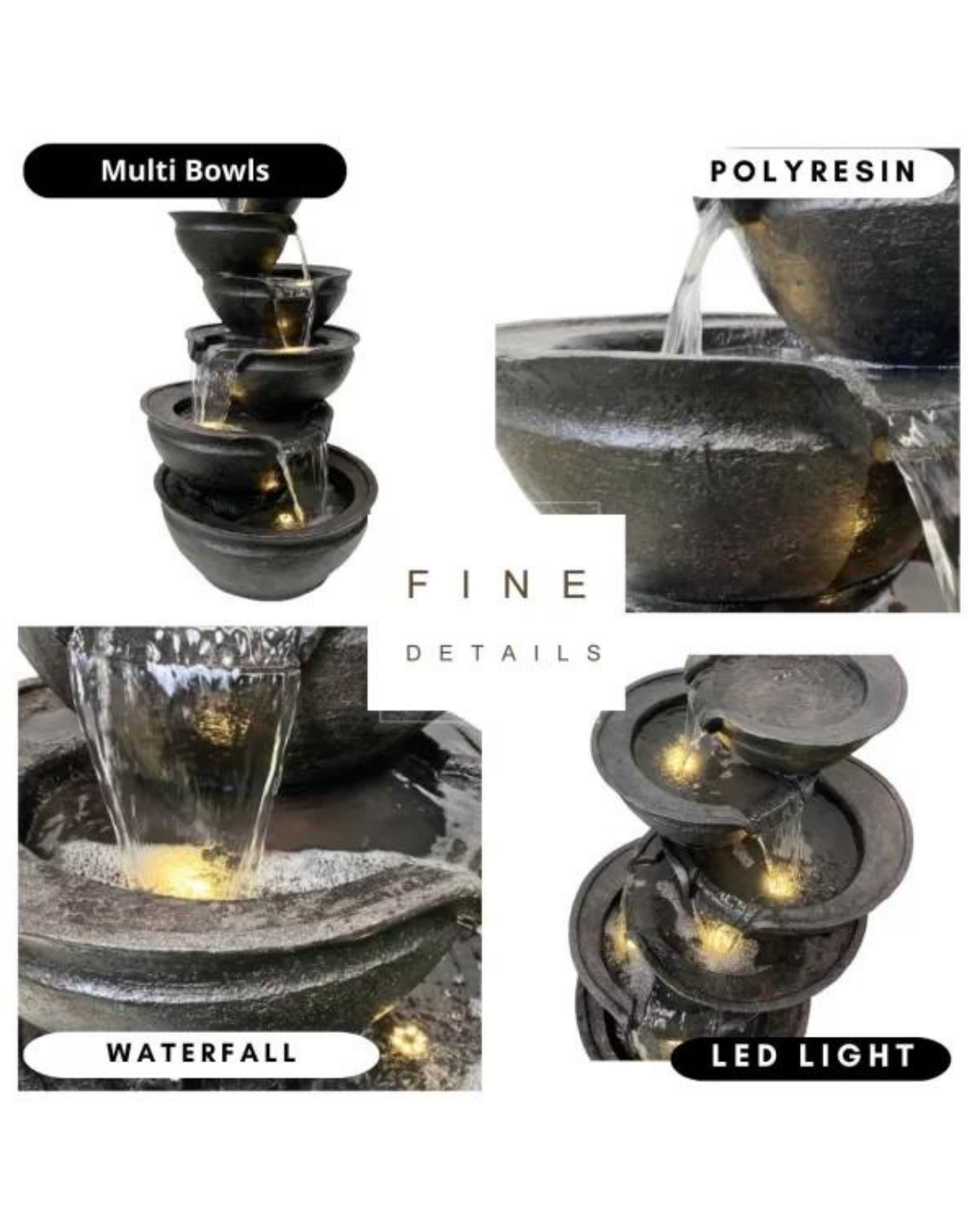Purl- Cascading Lighting 6 Bowls Waterfalls Water Feature