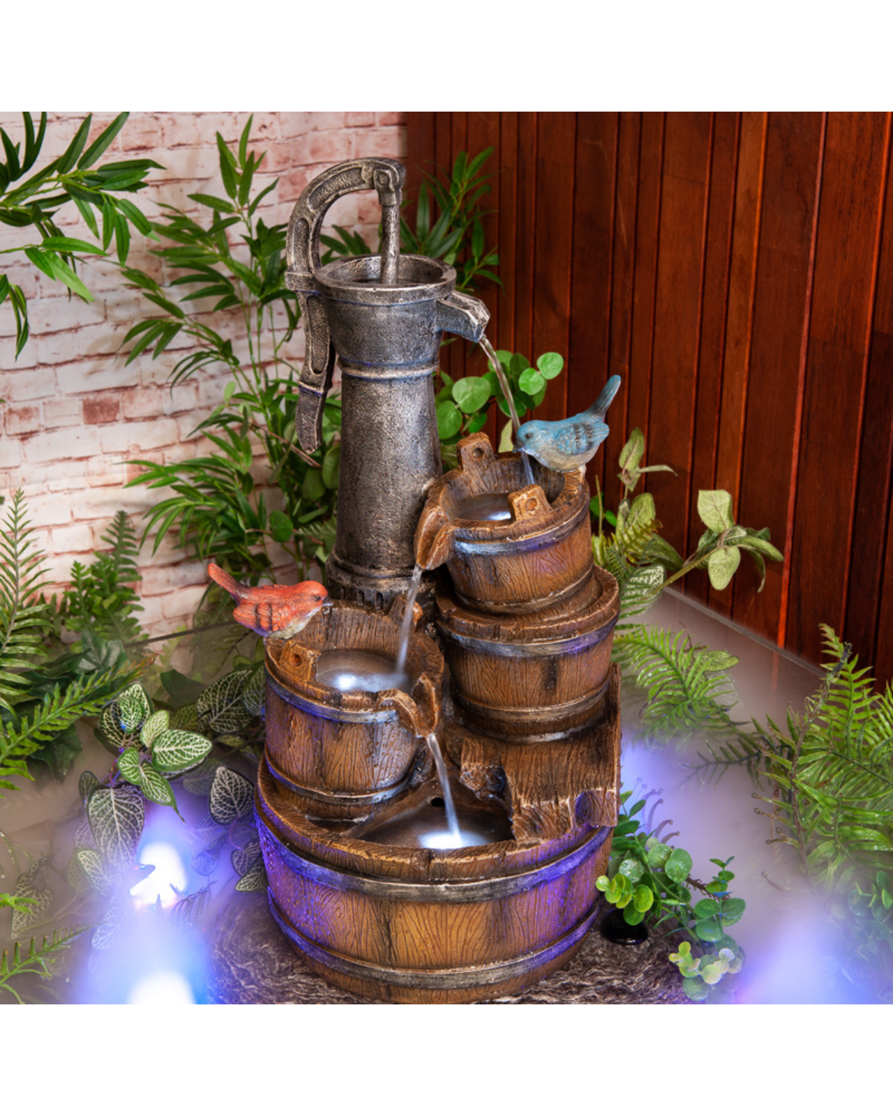 Hand Pump with Buckets & Birds LED Light Water Feature 62cm