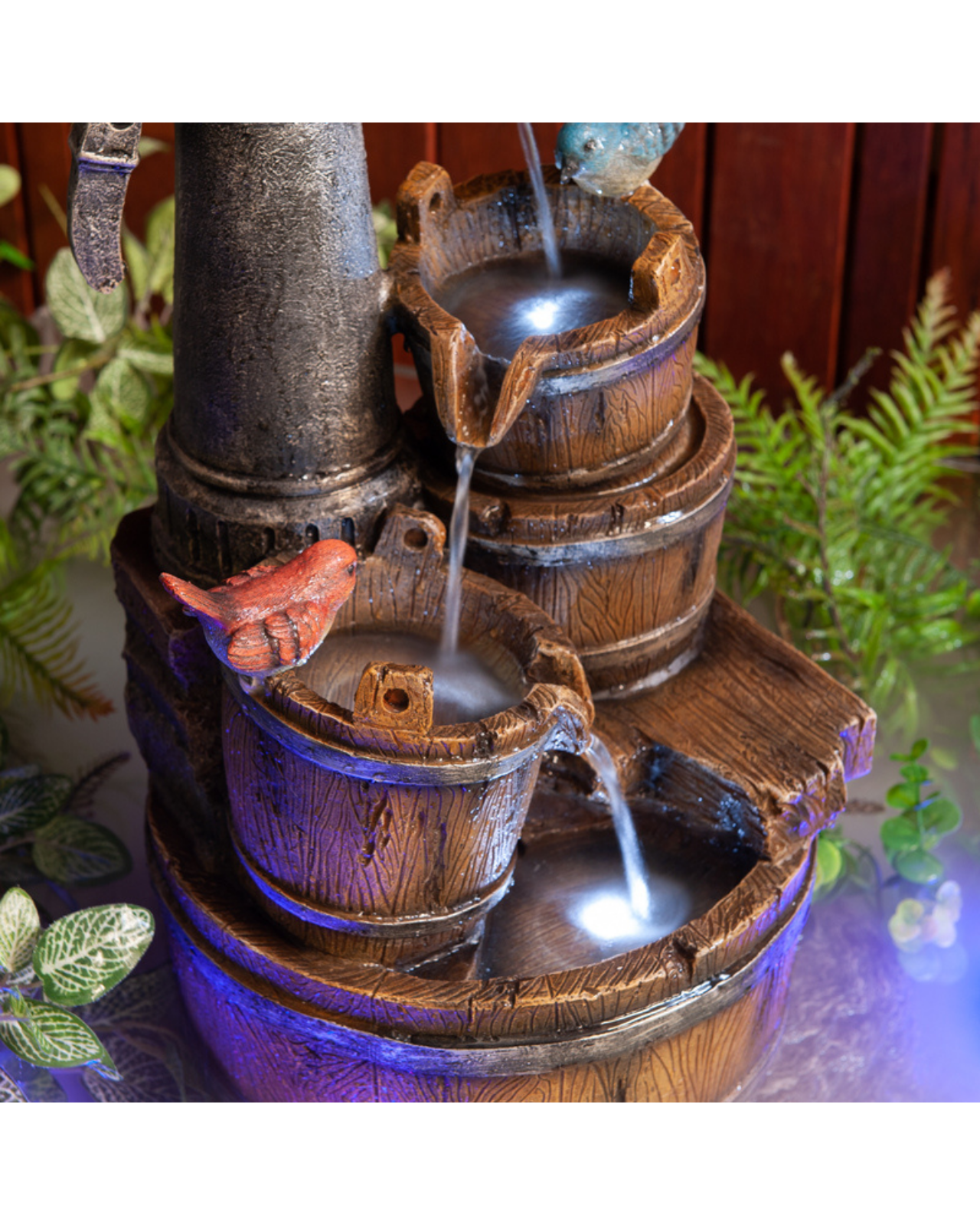 Hand Pump with Buckets & Birds LED Light Water Feature 62cm