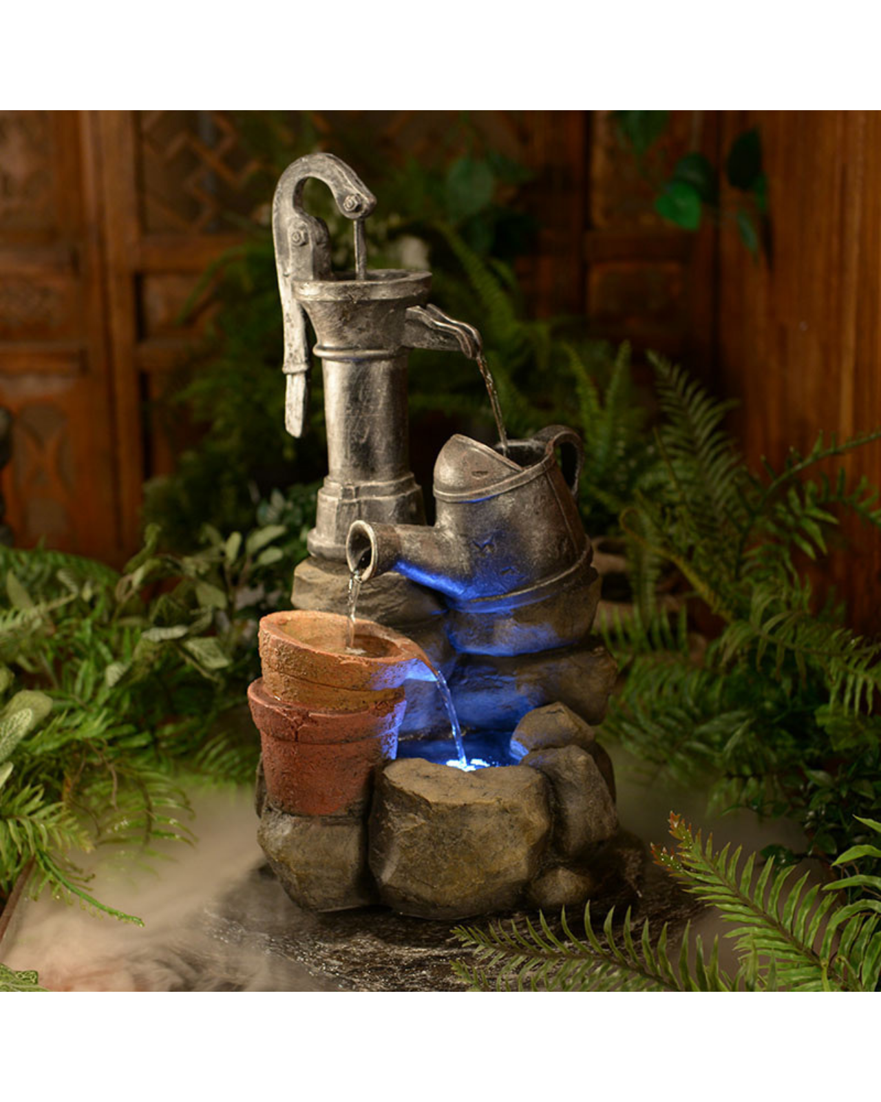 Hand Pump with Bowls & Rocks LED Light Water Feature 55cm