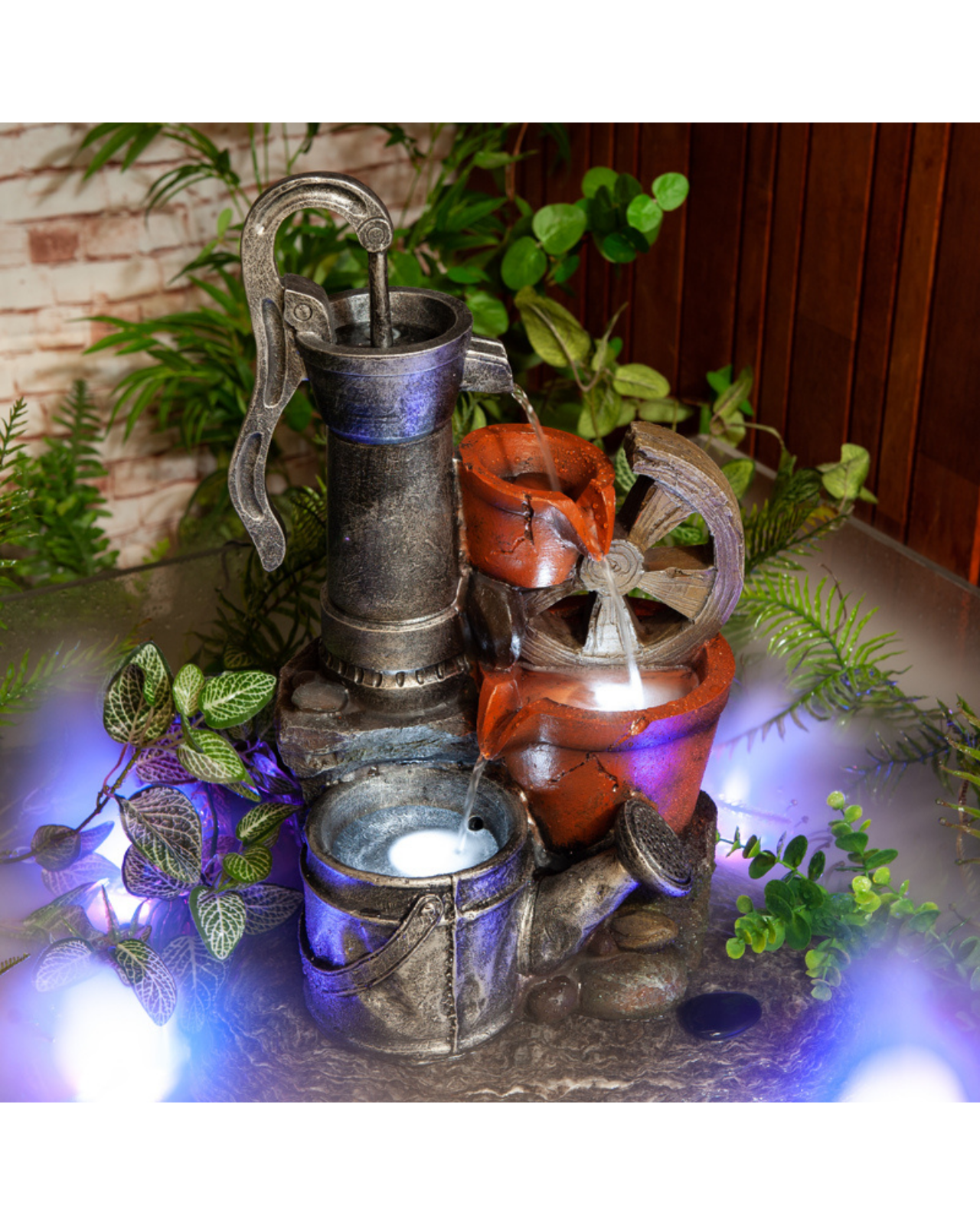 Rustic Hand Pump with Wheel LED Light Water Feature 49cm