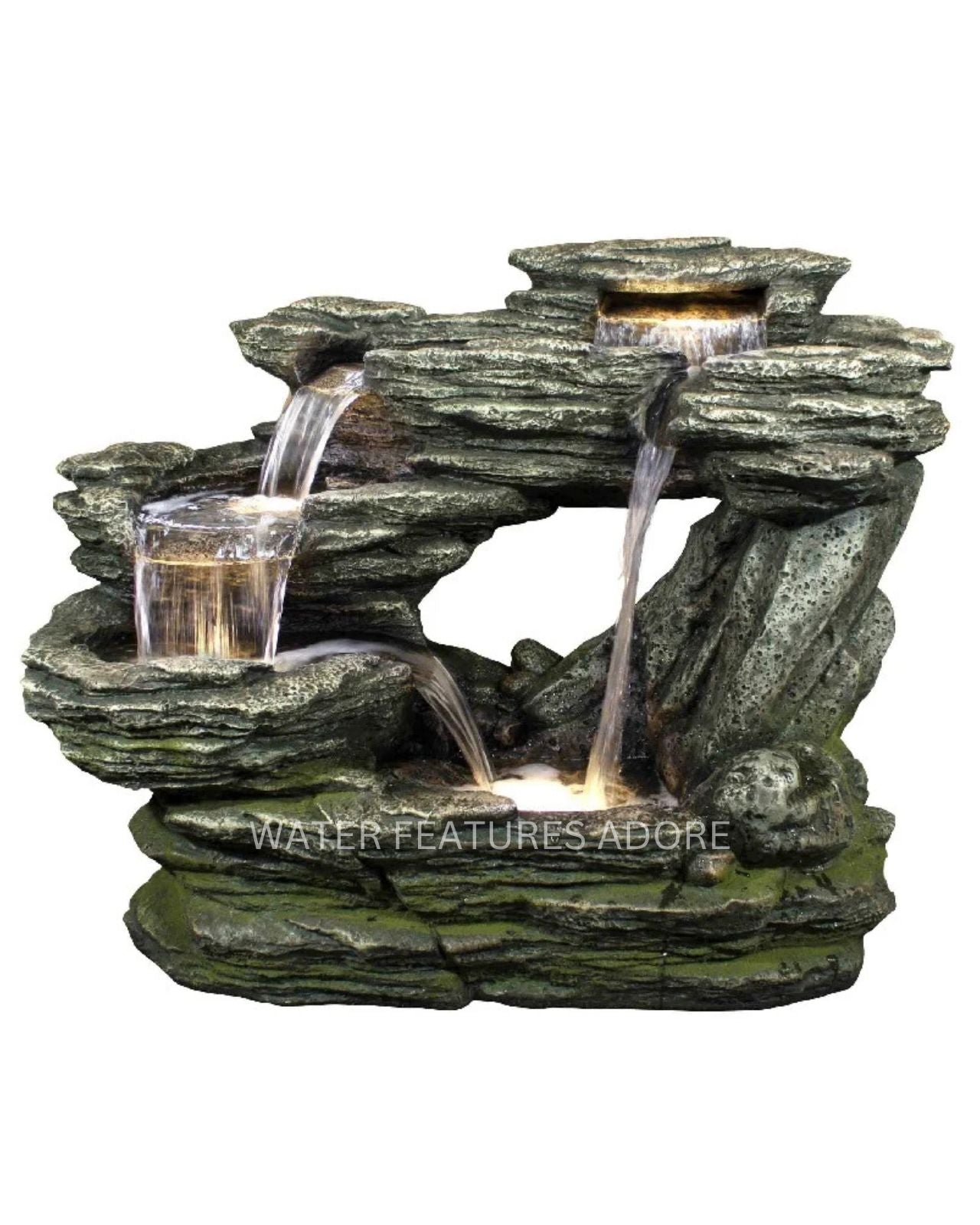 Rock-like water fountain with multiple tiers on a white background