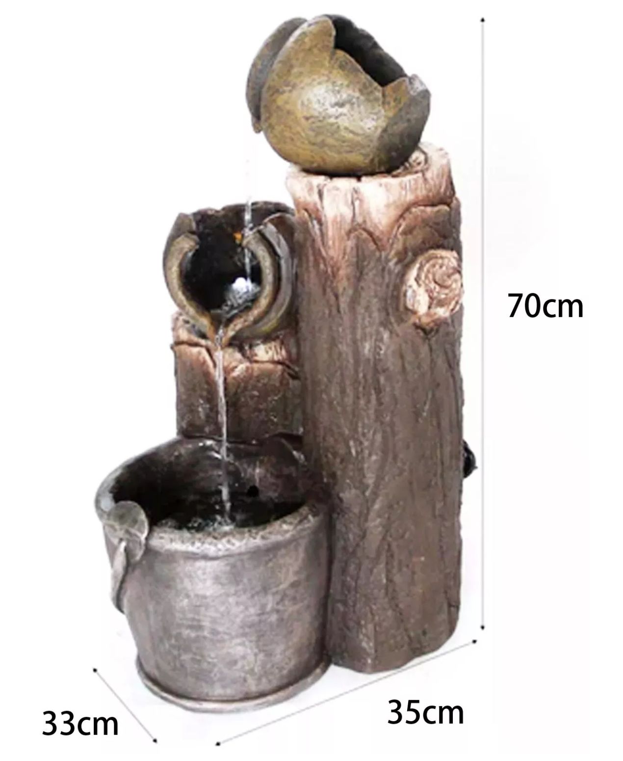 Decorative water fountain with dimensions labeled on a white background