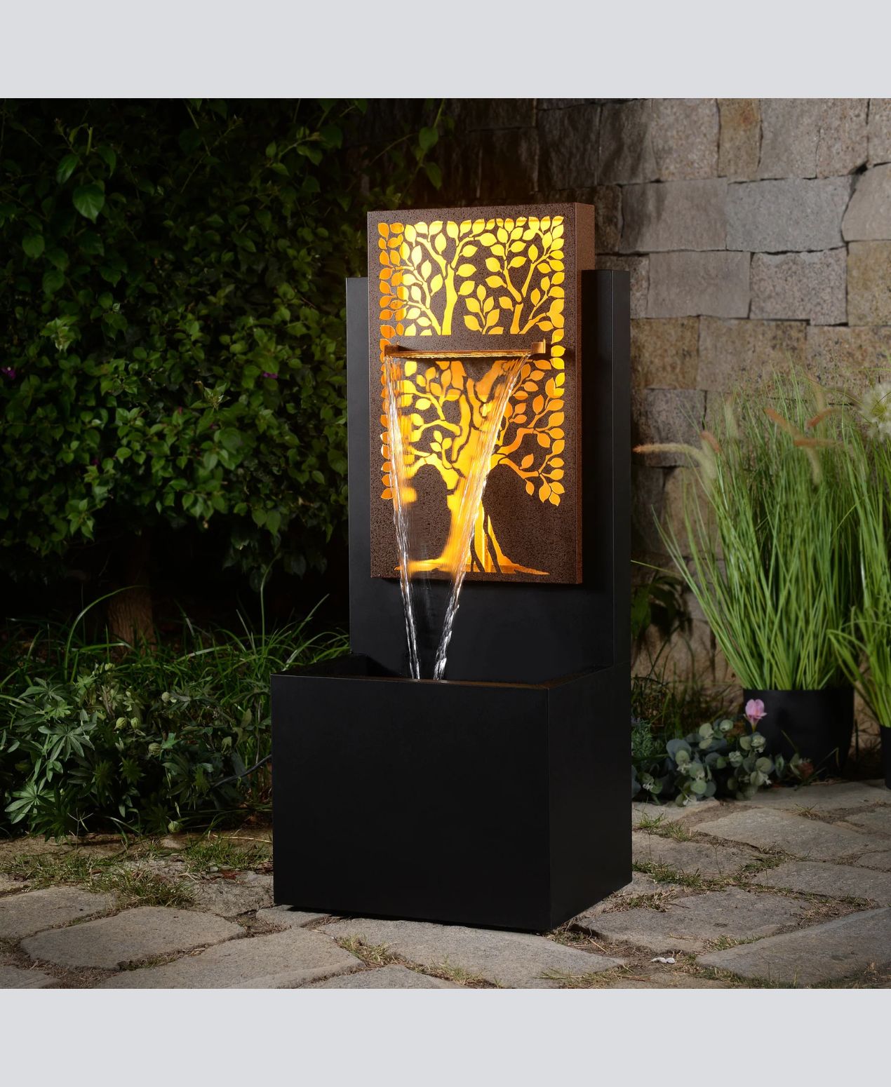 Amber Grove - Rustic Metal Garden LED Wall Water Feature