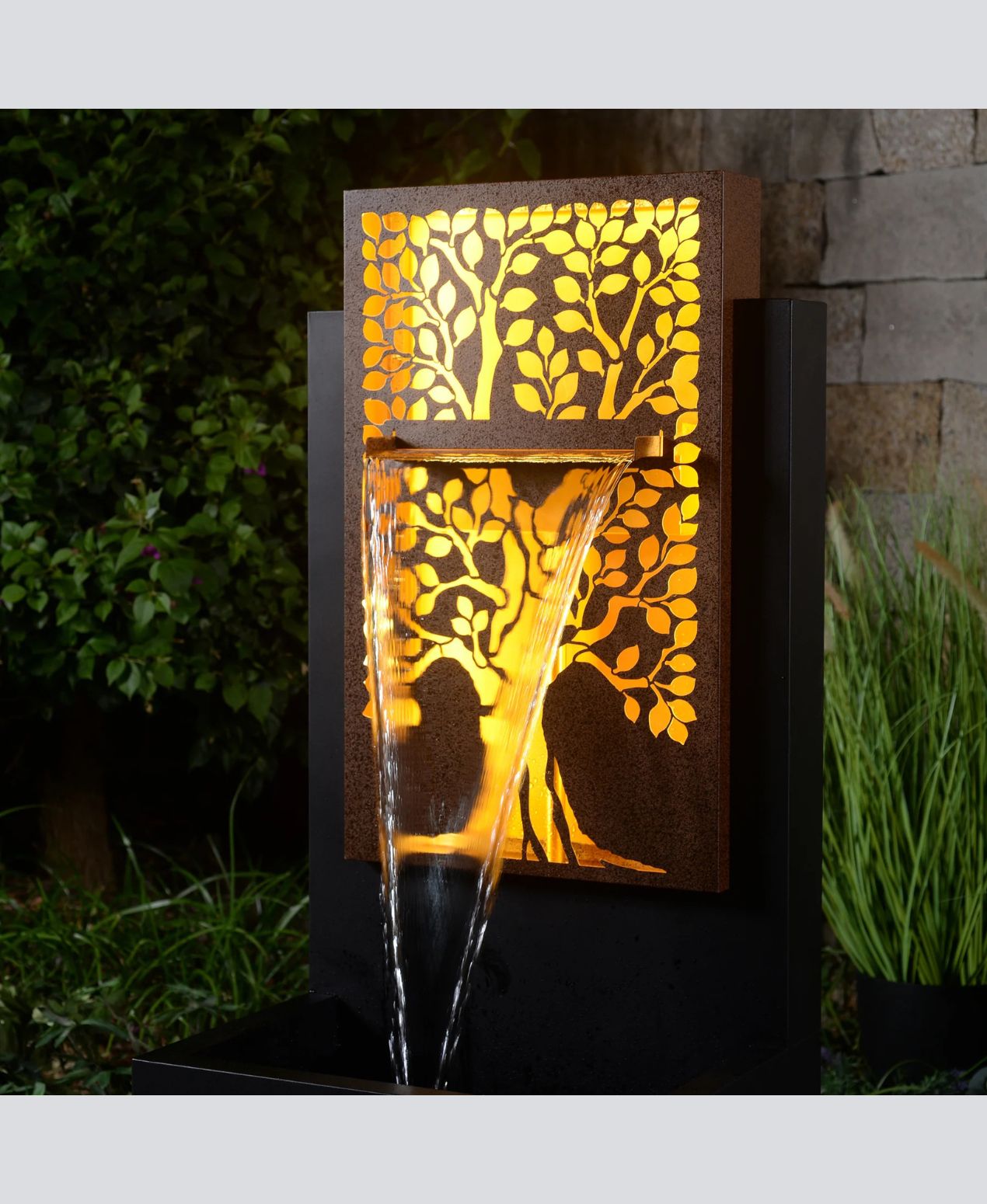 Amber Grove - Rustic Metal Garden LED Wall Water Feature