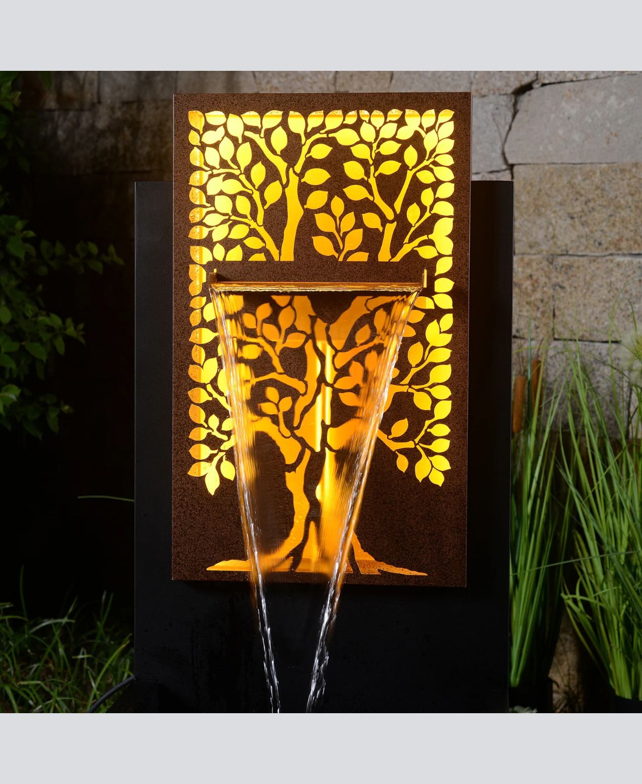 Amber Grove - Rustic Metal Garden LED Wall Water Feature