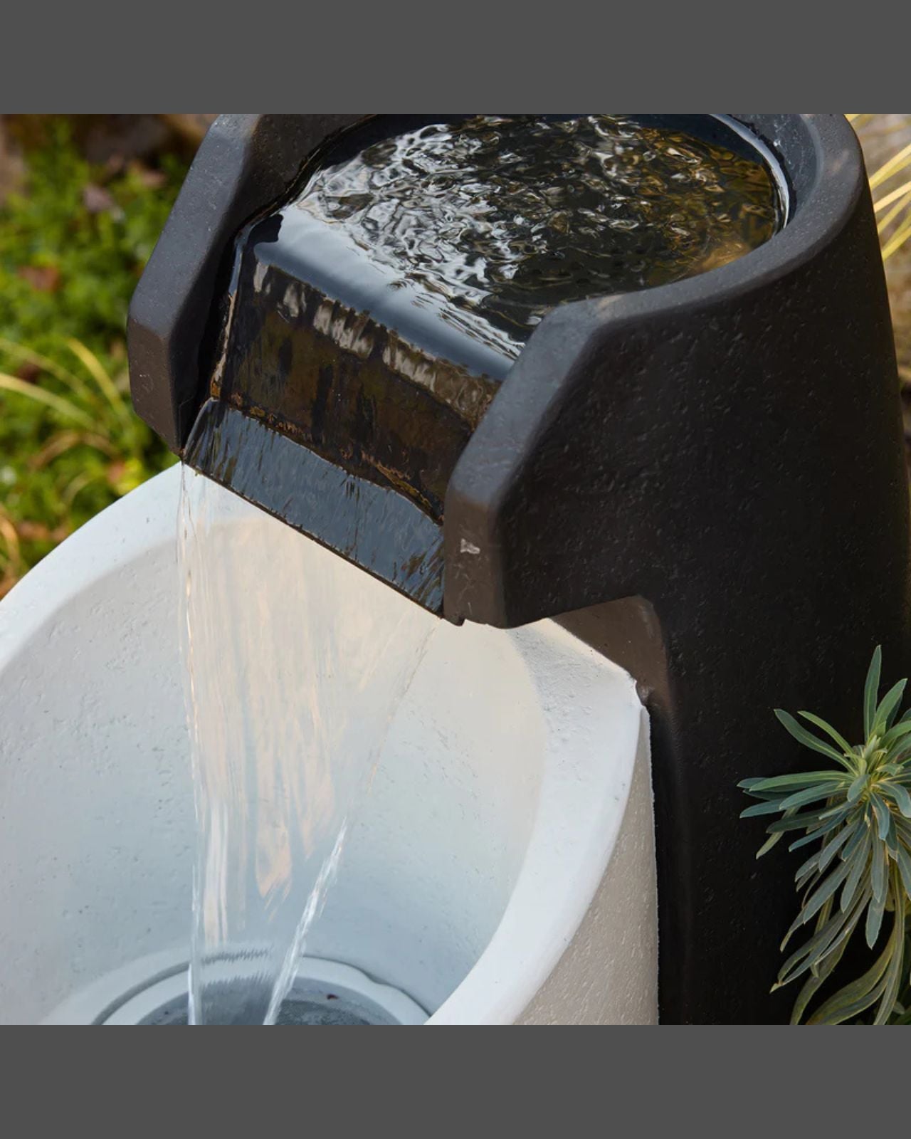 Aegea Garden water feature with water flowing into a white basin, surrounded by greenery.