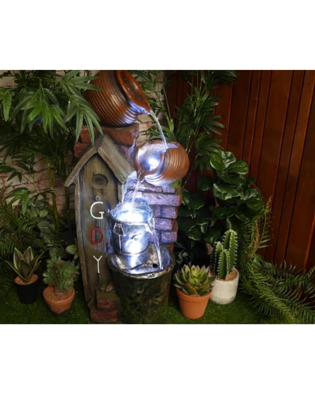 Rustic Gday House with Bowls & Buckets LED Light Water Feature