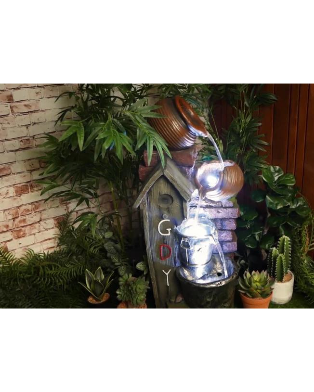 Rustic Gday House with Bowls & Buckets LED Light Water Feature