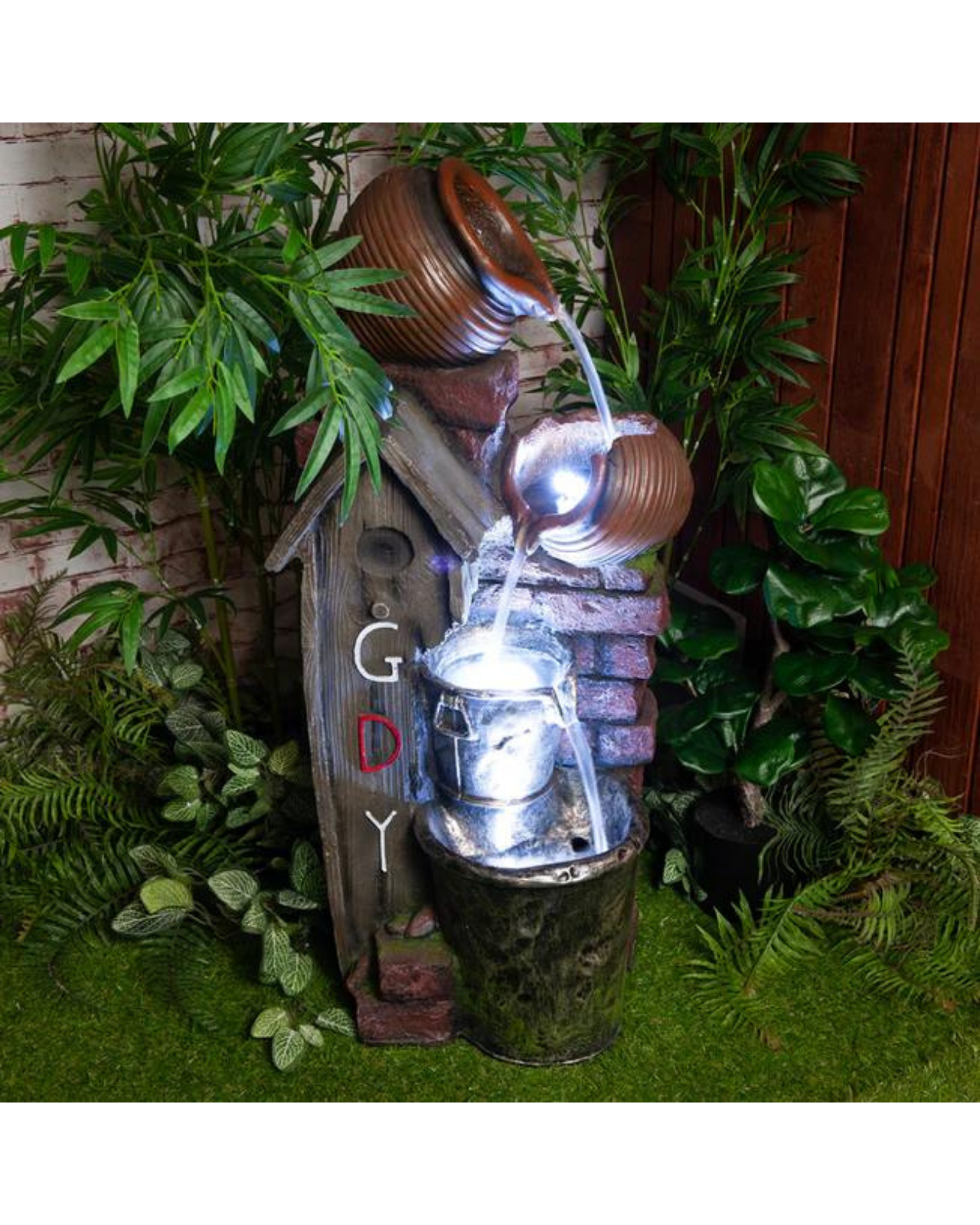 Rustic Gday House with Bowls & Buckets LED Light Water Feature