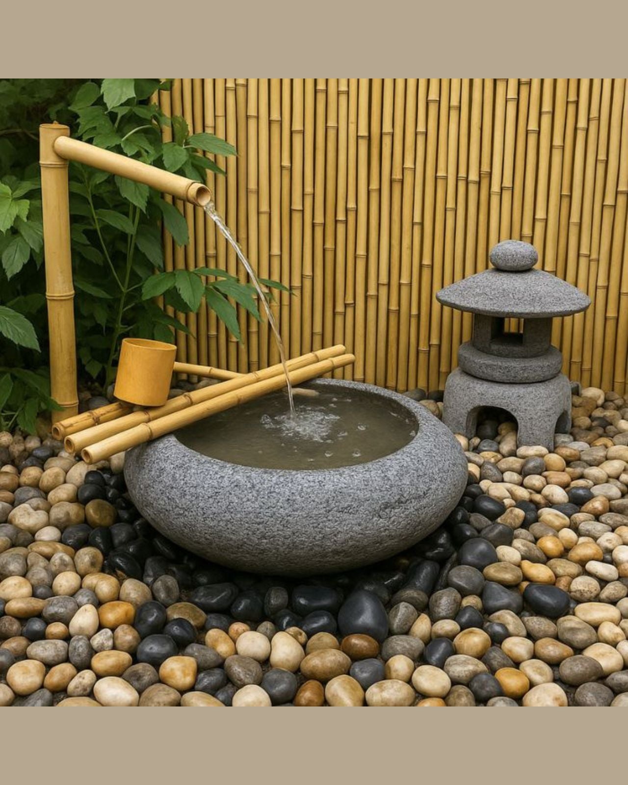 Japanese Bamboo Tsukubai Zen Water Feature w/ Kakehi Spout in garden setting