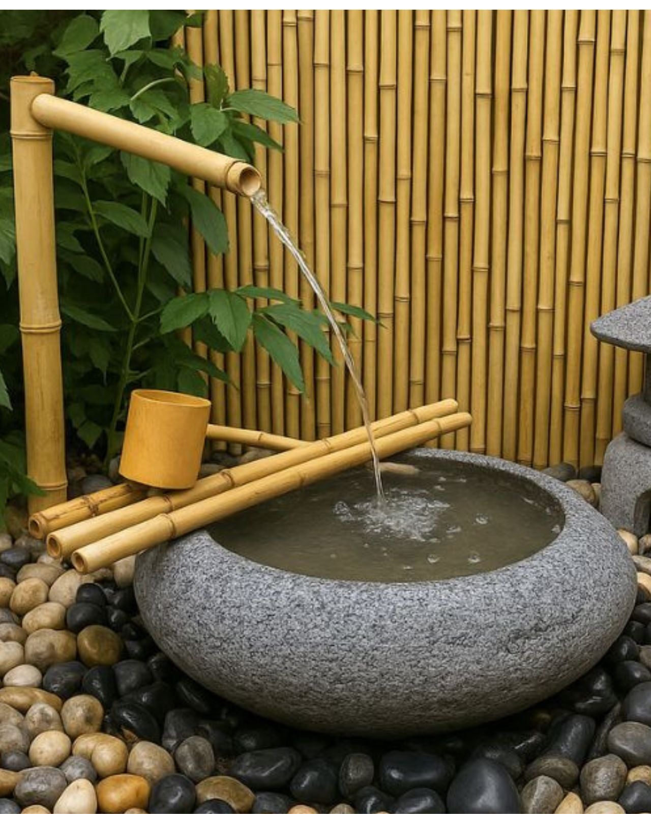 Japanese Bamboo Tsukubai Zen Water Feature with Kakehi Spout in garden setting
