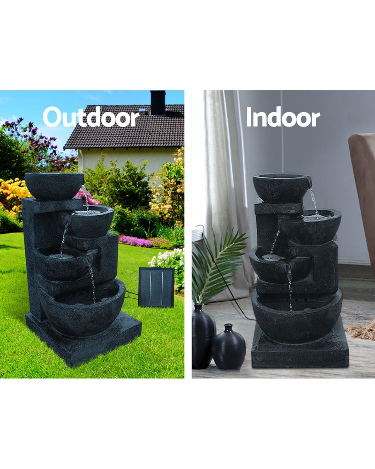 Zen Noir - Solar 4-Tier Stone Bowls Water Feature