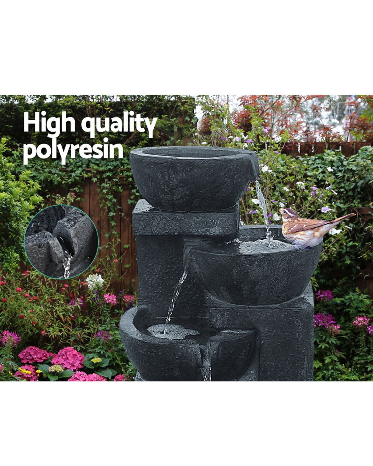 Zen Noir - Solar 4-Tier Stone Bowls Water Feature