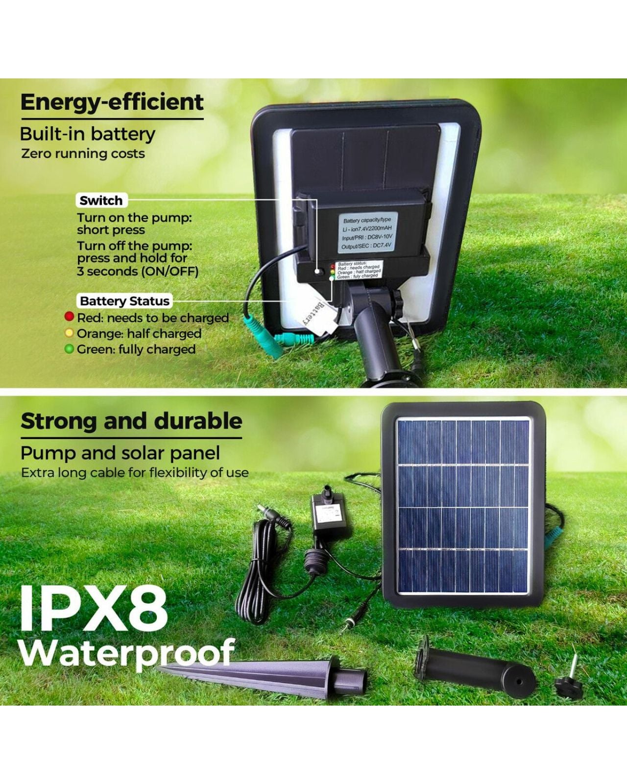 Solar-powered water pump with features highlighted on a grassy background