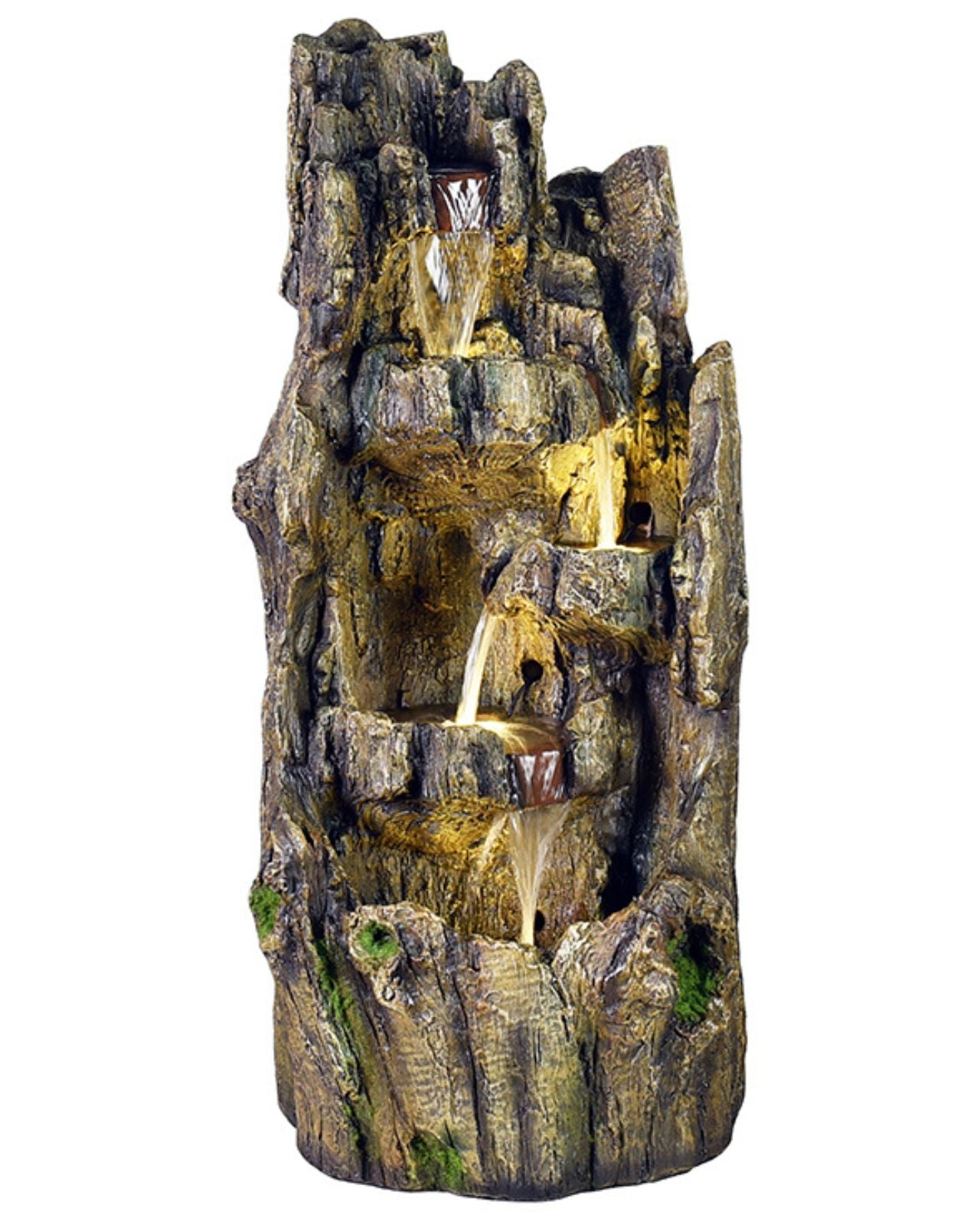 Decorative rock fountain with multiple levels on a white background