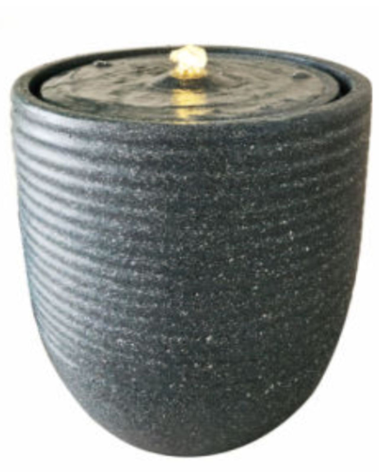 Textured gray container water feature with a light inside on a white background