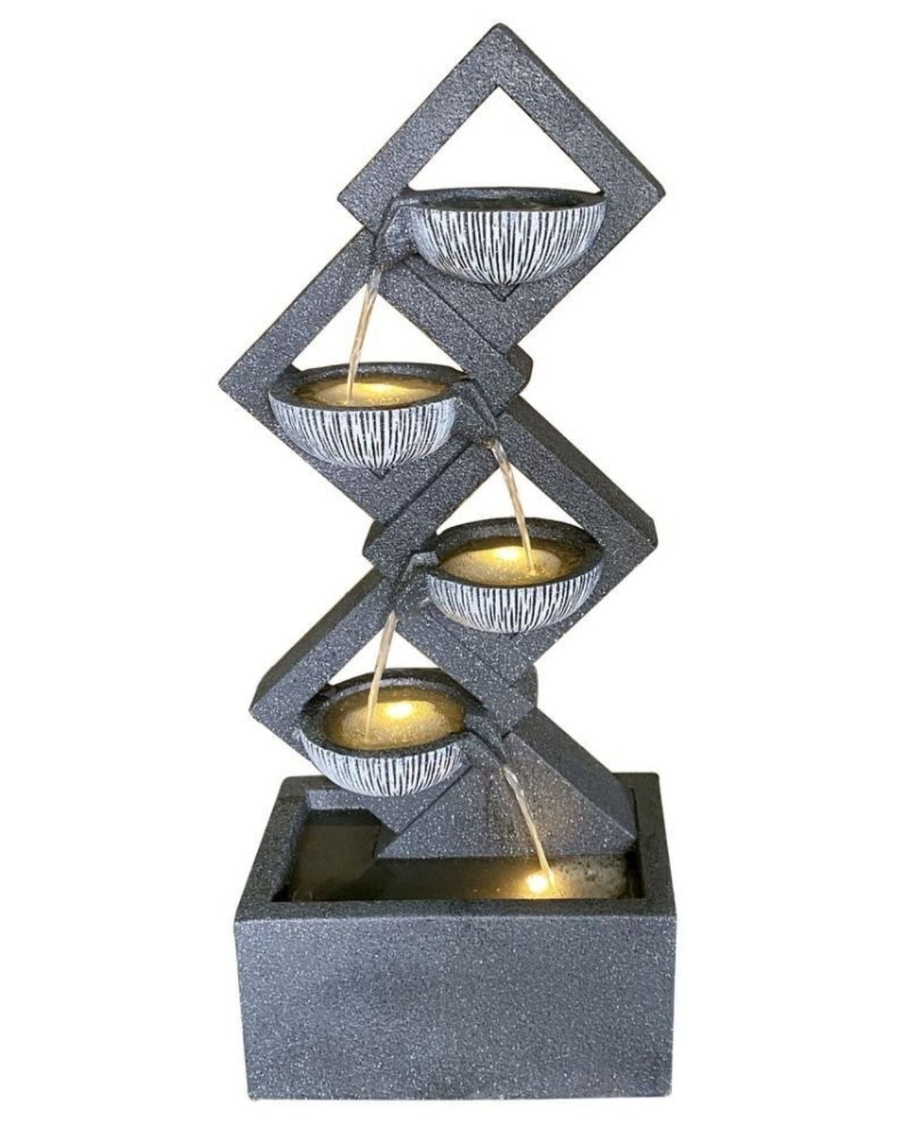 Decorative water fountain with geometric design on a white background