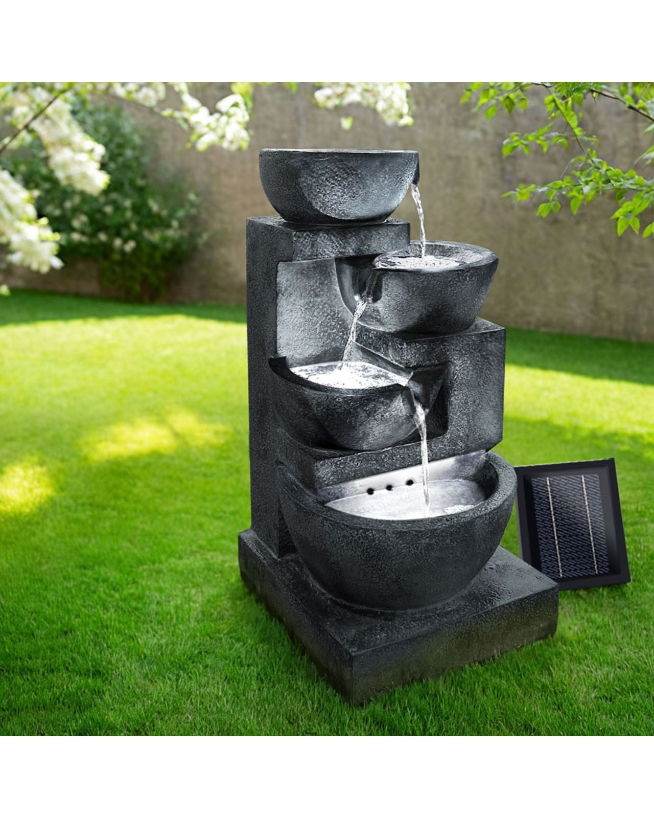 Zen Noir - Solar 4-Tier Stone Bowls Water Feature
