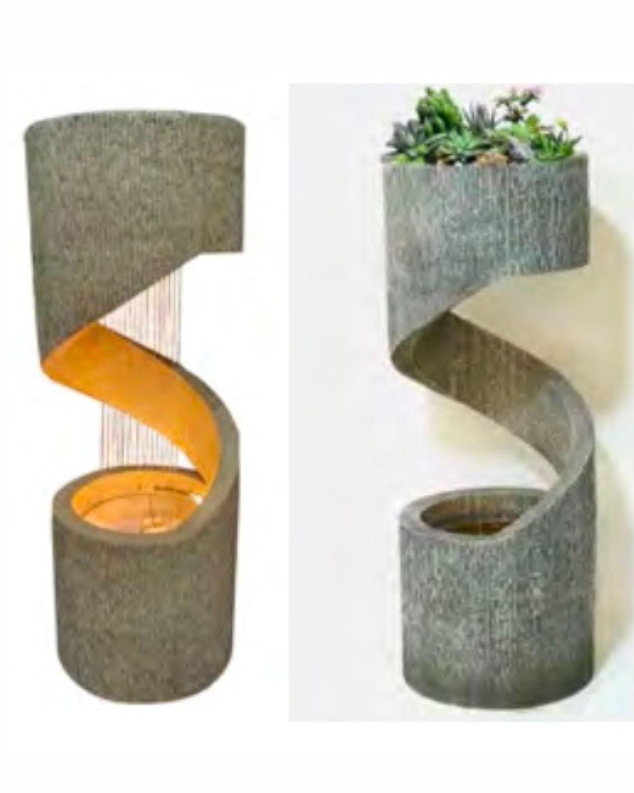 Decorative spiral planter water feature with a glowing interior on a white background