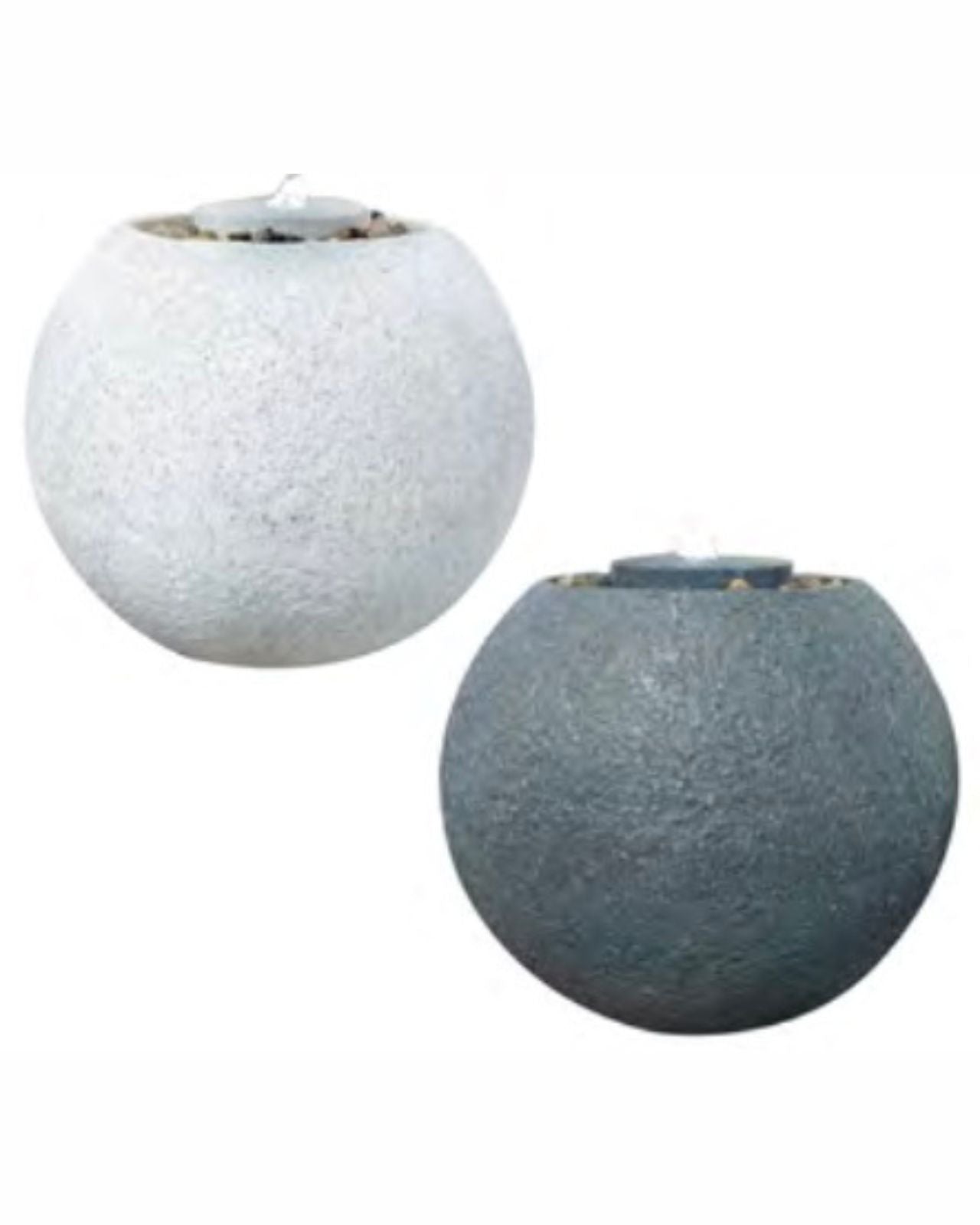 Two spherical bowl water features, one white and one gray, on a white background