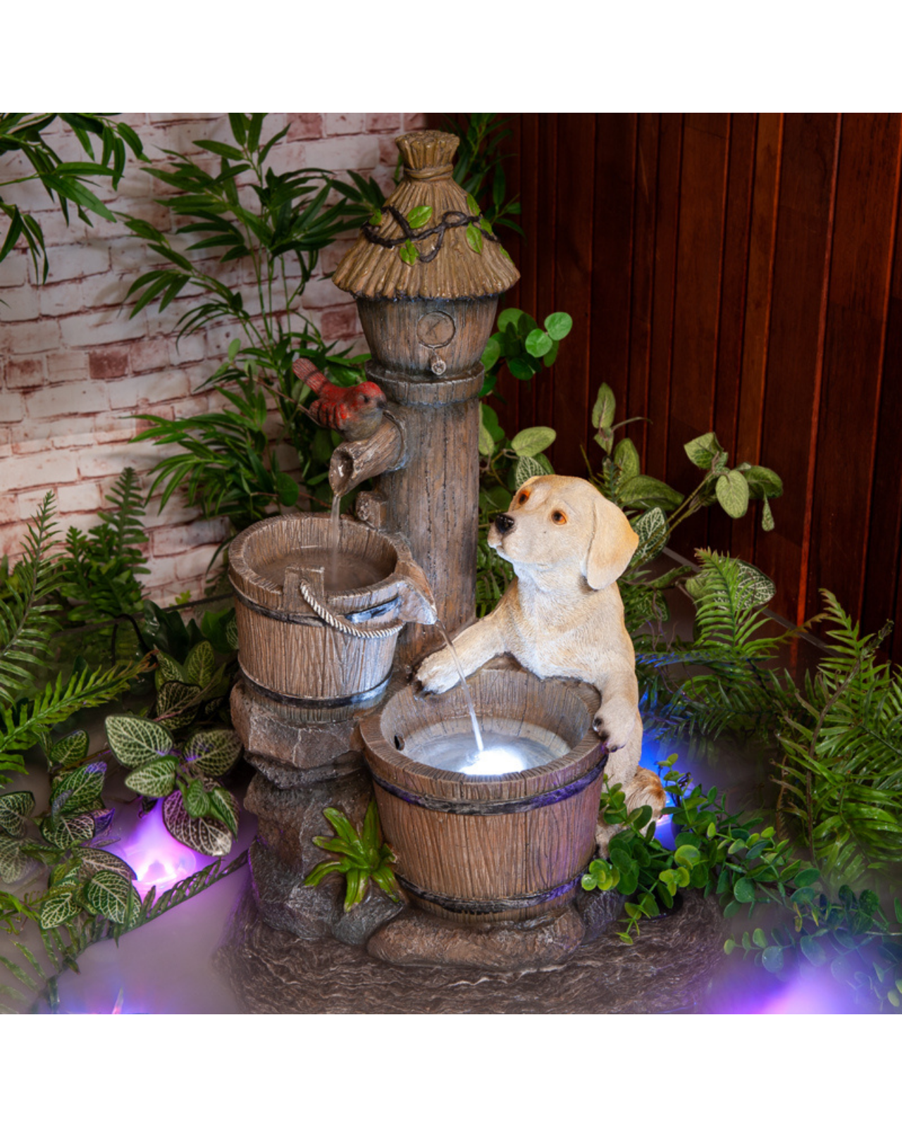 Puppy with Bowl & Bird LED Light Water Feature 63cm