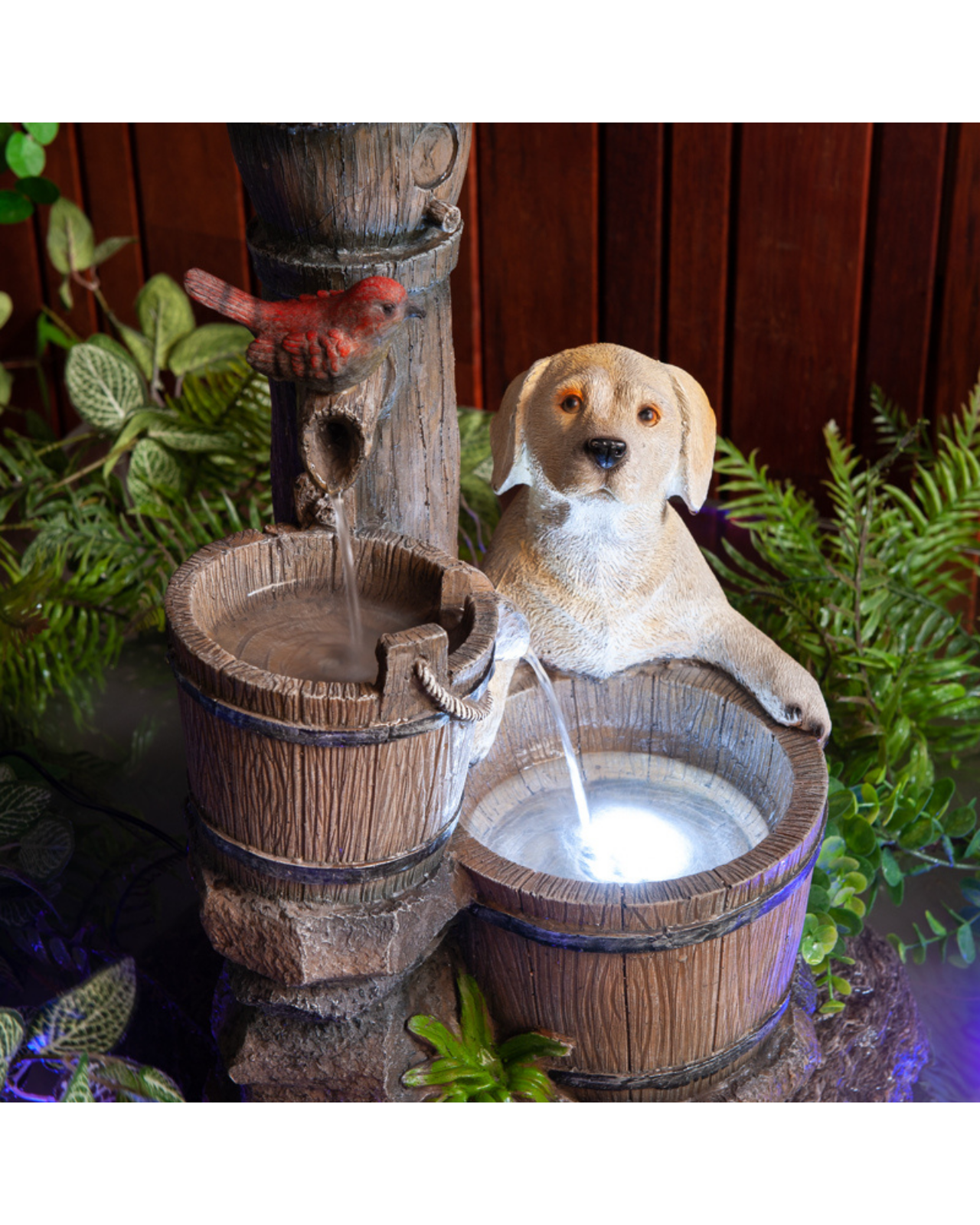 Puppy with Bowl & Bird LED Light Water Feature 63cm