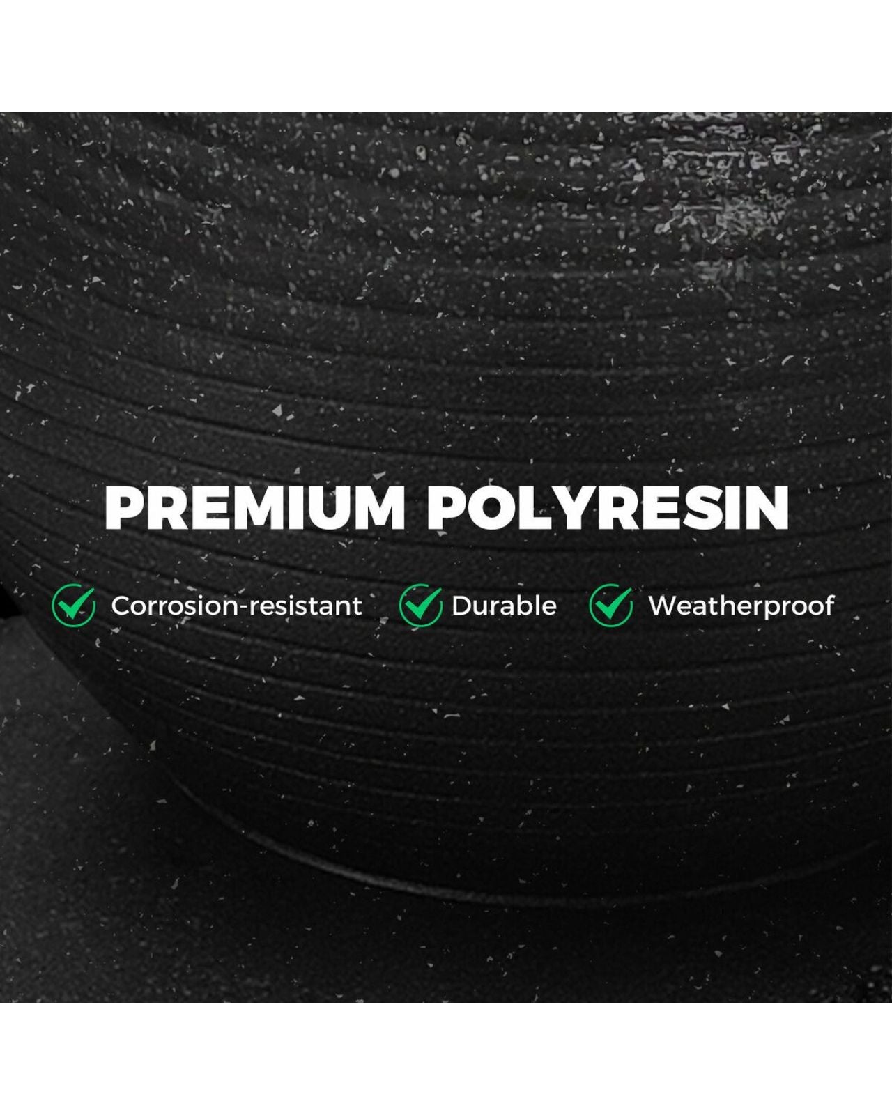 Black polyresin material water feature with text highlighting its properties