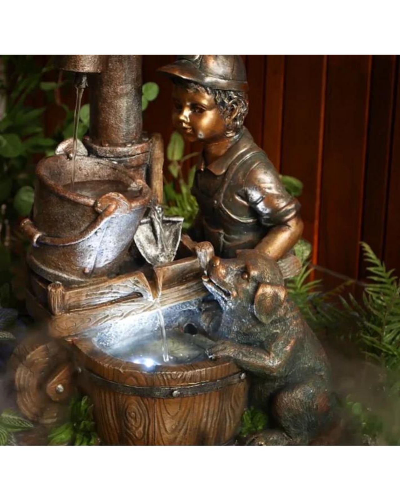 Boy with Puppy & Bowls LED Light Water Feature 56cm
