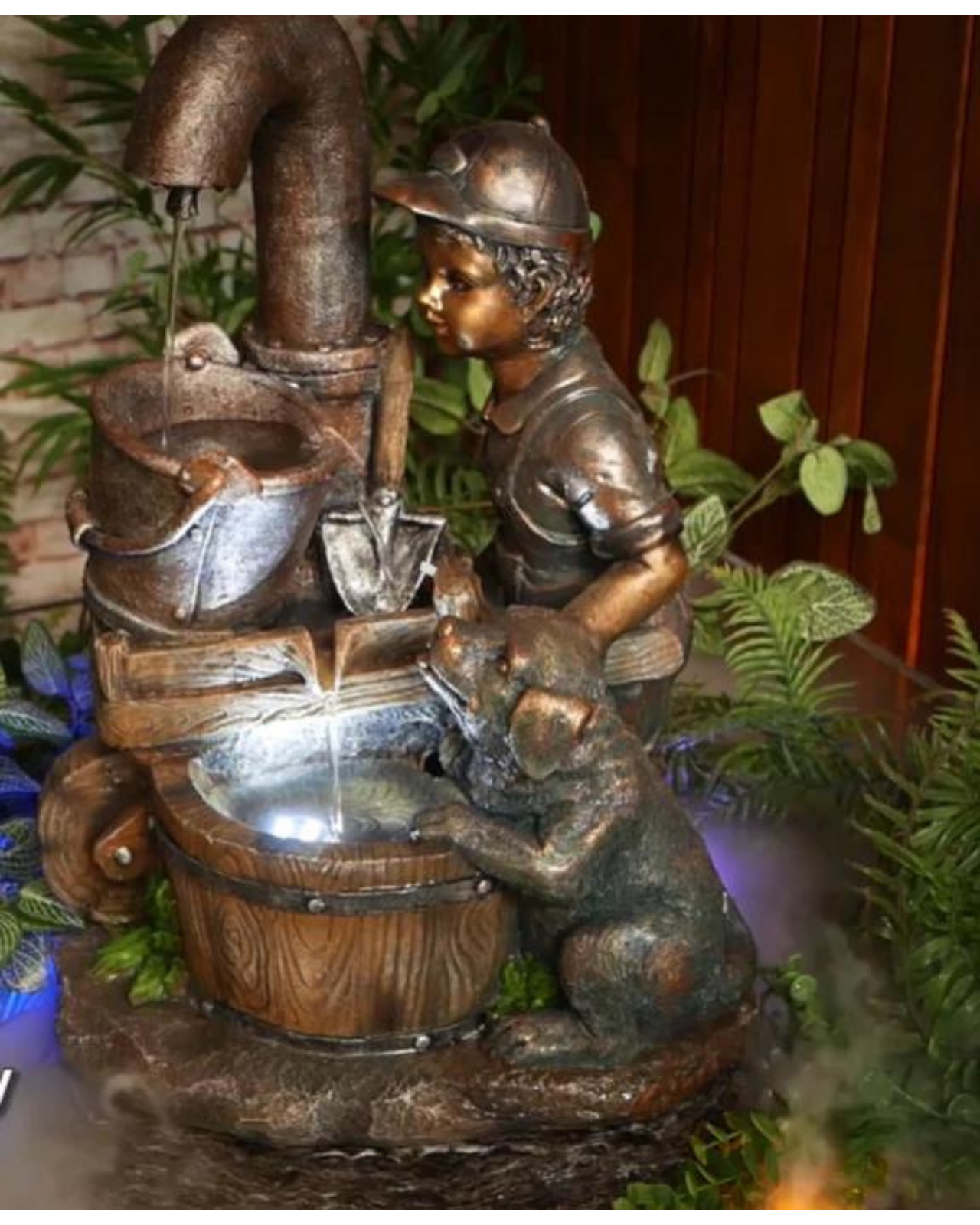 Boy with Puppy & Bowls LED Light Water Feature 56cm