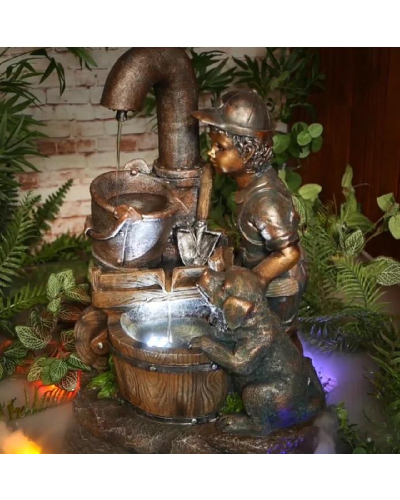 Boy with Puppy & Bowls LED Light Water Feature 56cm