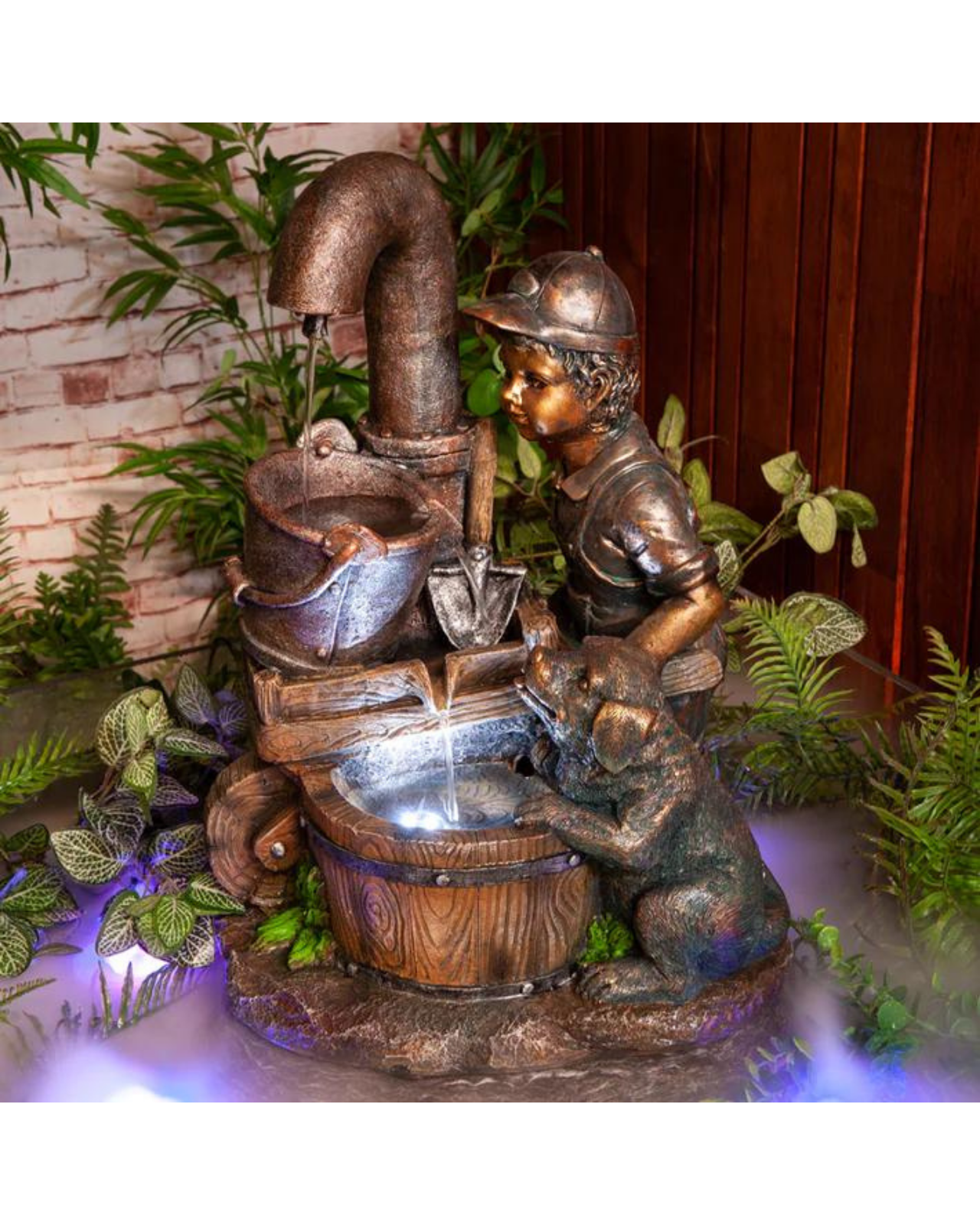 Boy with Puppy & Bowls LED Light Water Feature 56cm
