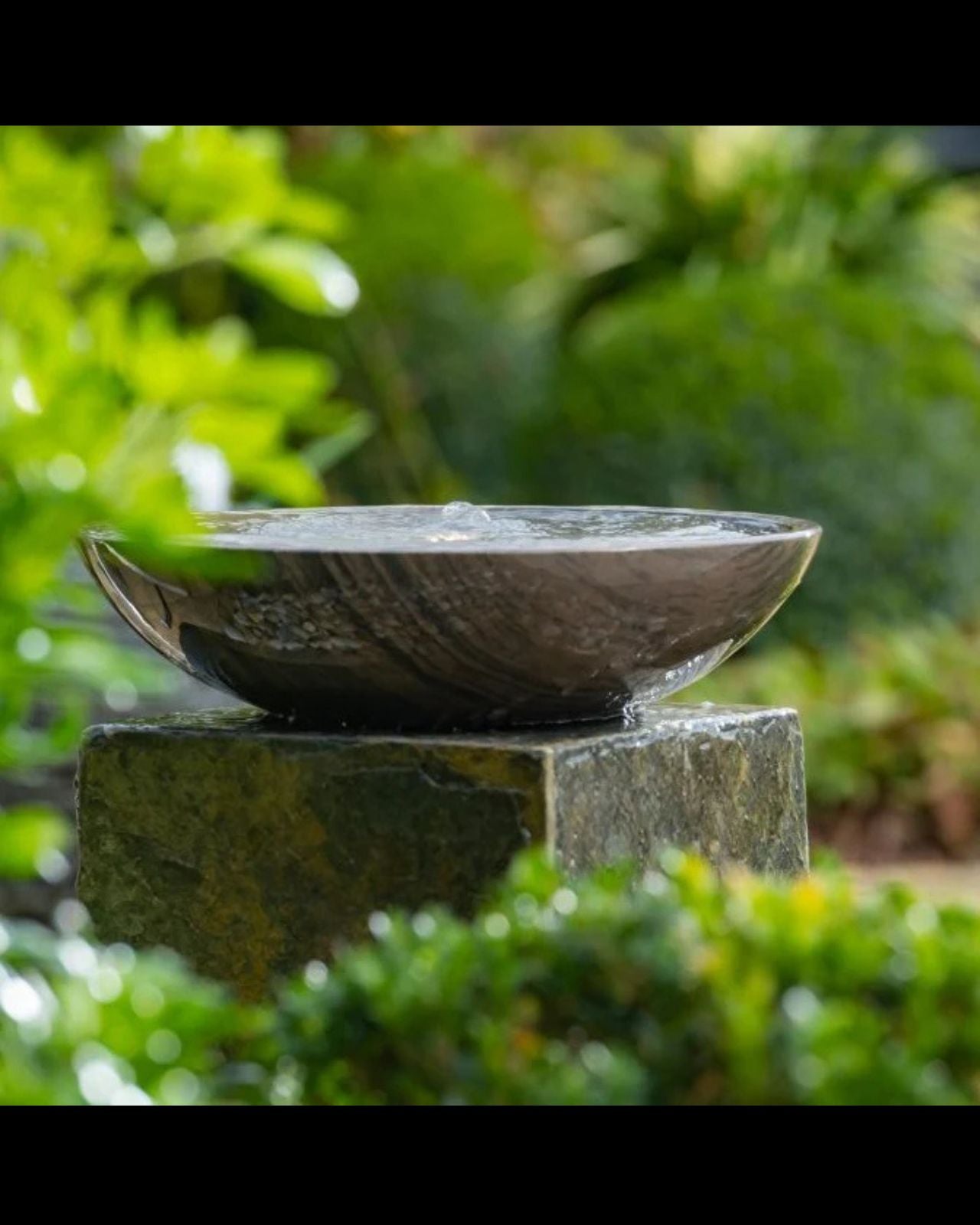 Modern Bowl on Block Slate LED Light Water Feature in Garden