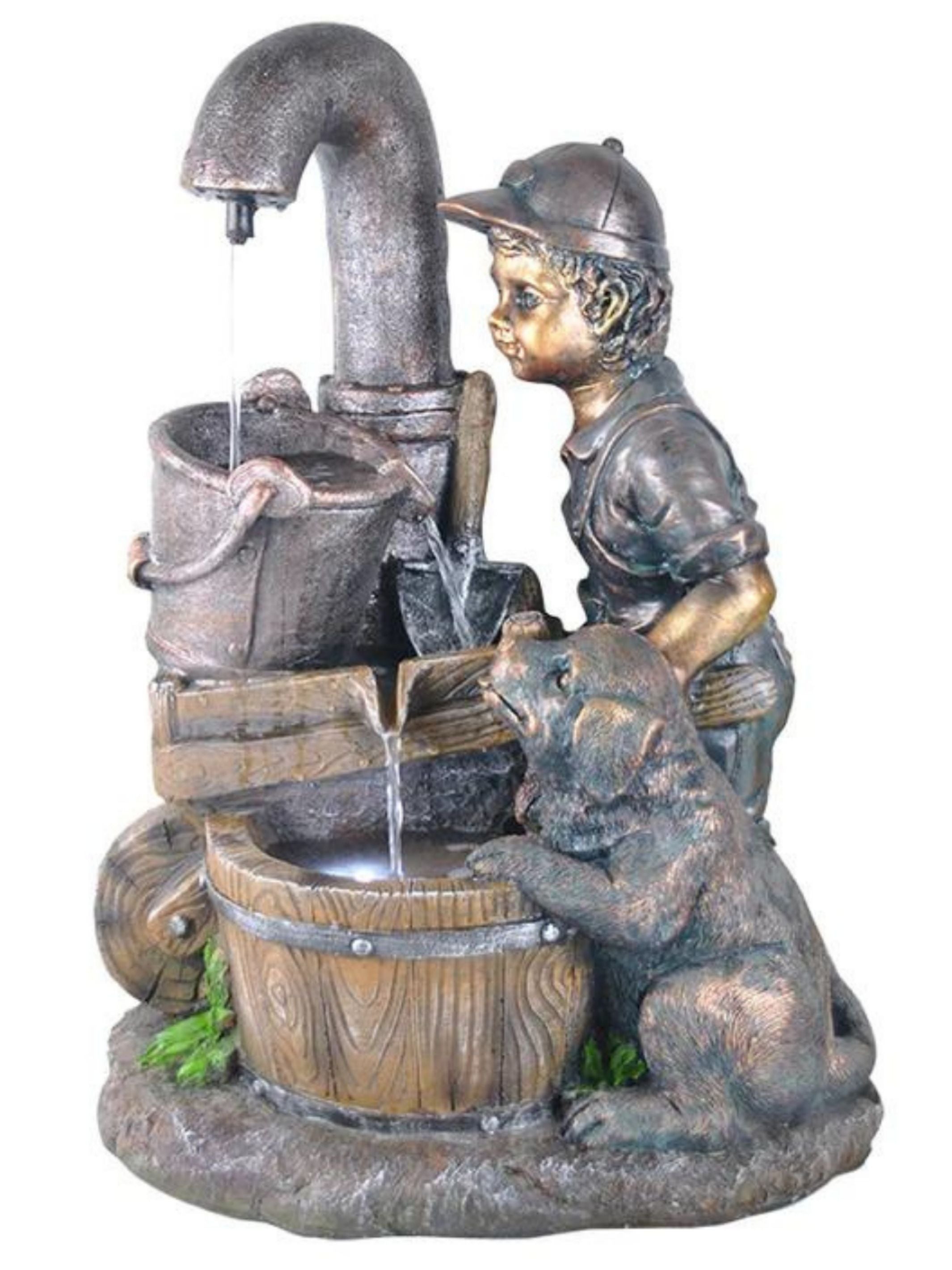 Boy with Puppy & Bowls LED Light Water Feature 56cm