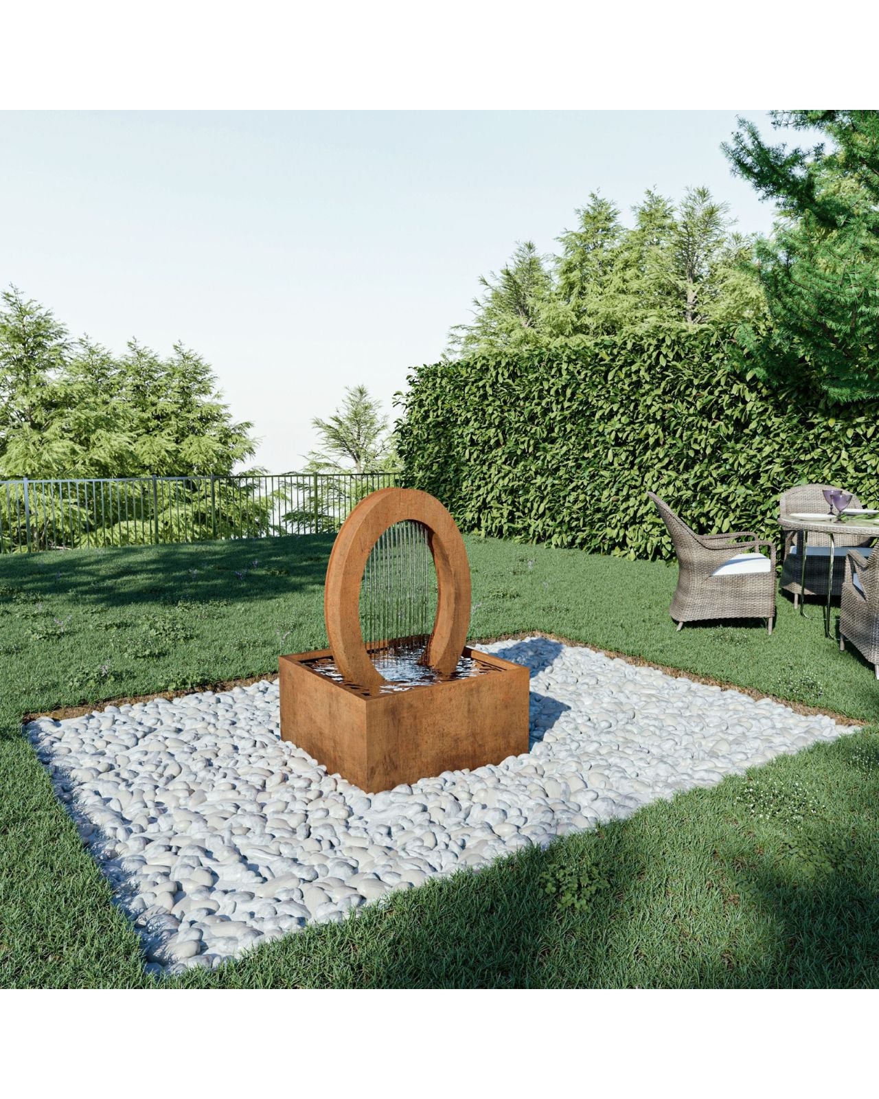 Corten Steel Circular Rain Curtain Water Feature w/ Square Reservoir