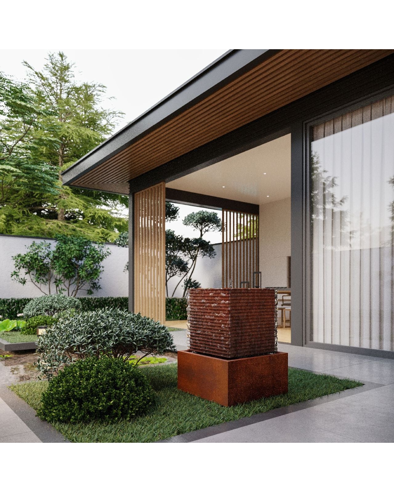 Corten Steel Rustic Bubbling Water Feature w/ Square Reservoir