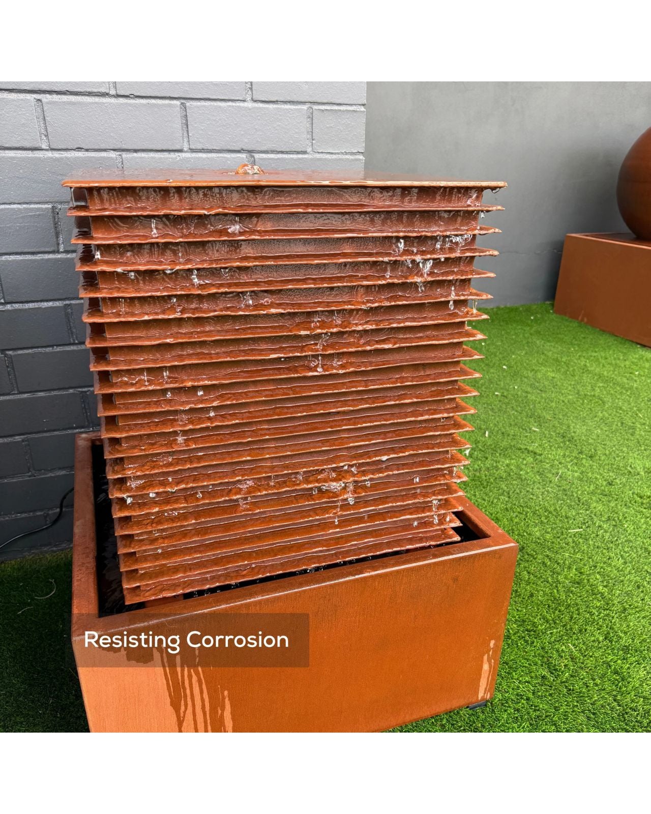 Corten Steel Rustic Bubbling Water Feature w/ Square Reservoir
