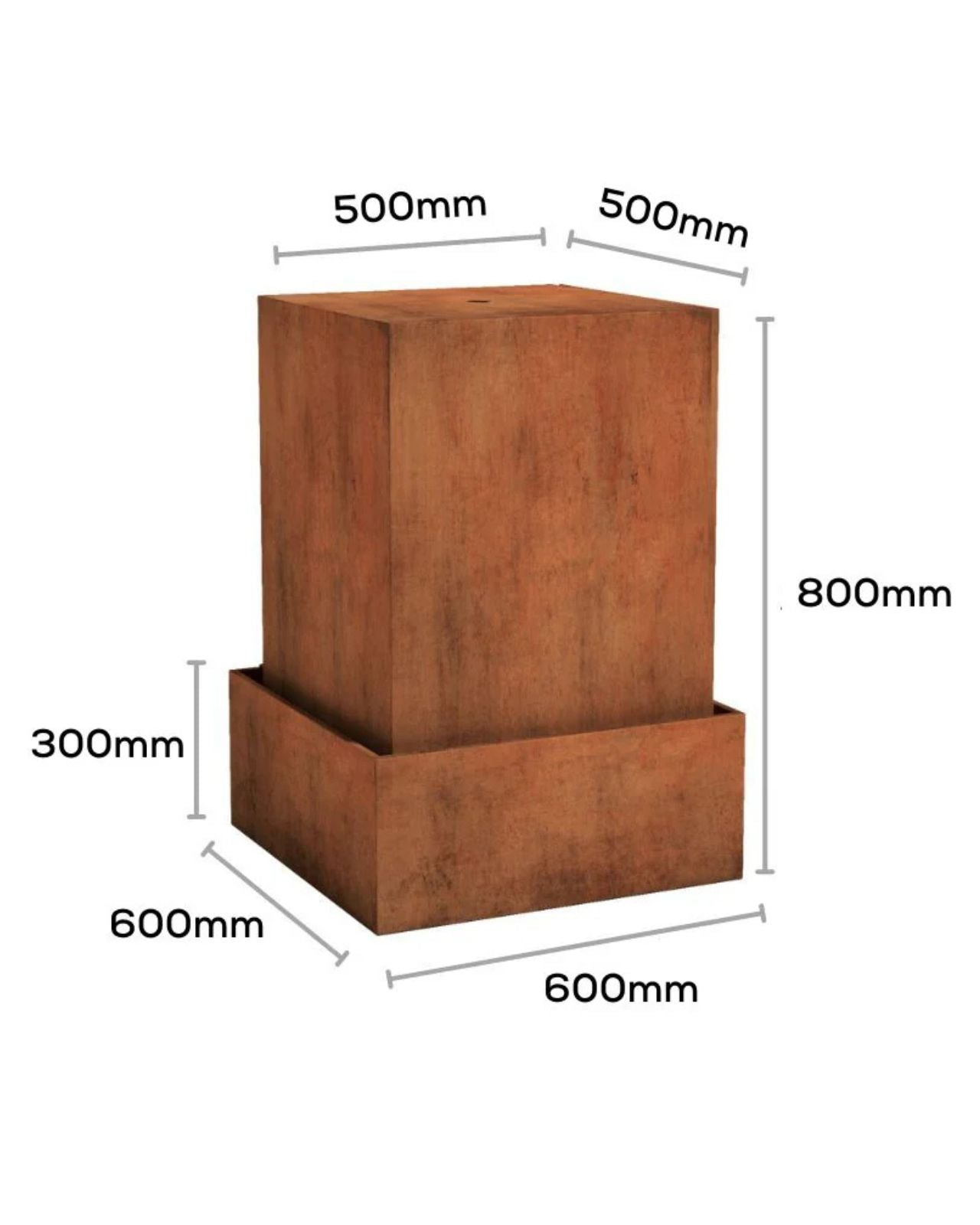 Corten Steel Rustic Pillar Water Feature w/ Square Reservoir