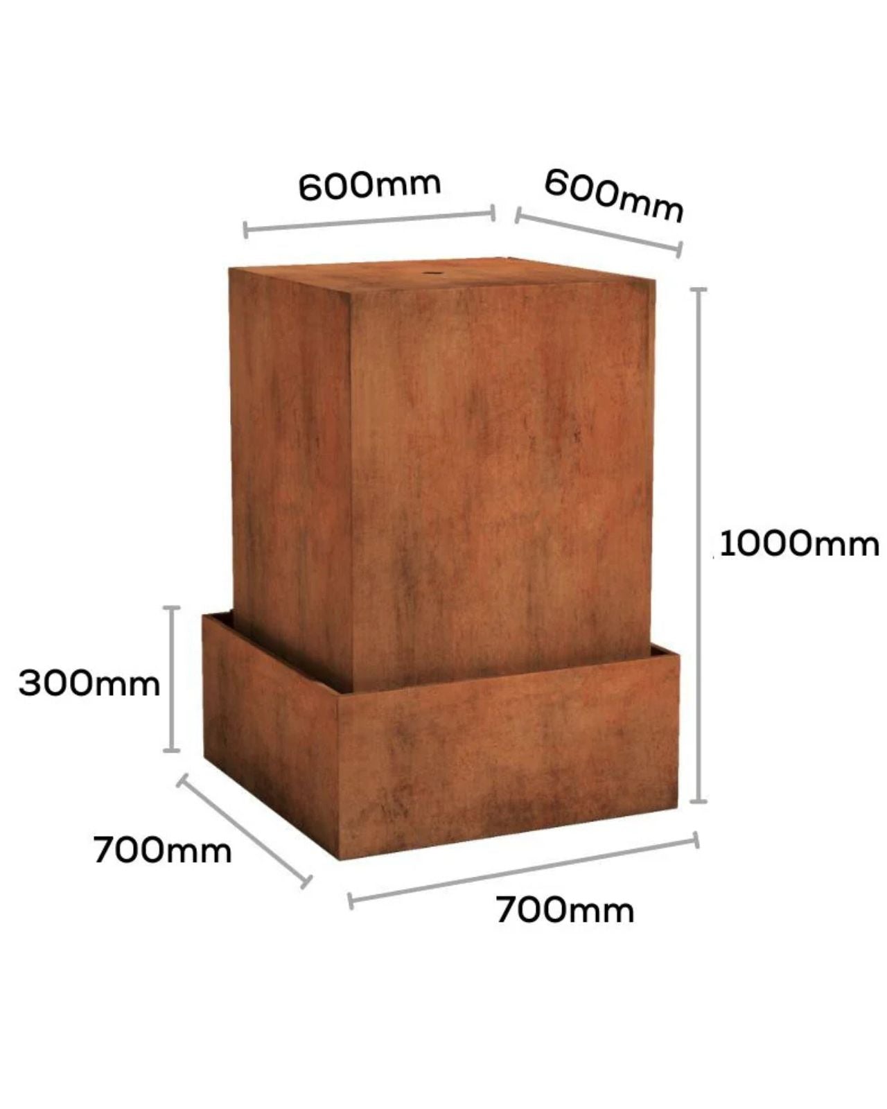 Corten Steel Rustic Pillar Water Feature w/ Square Reservoir