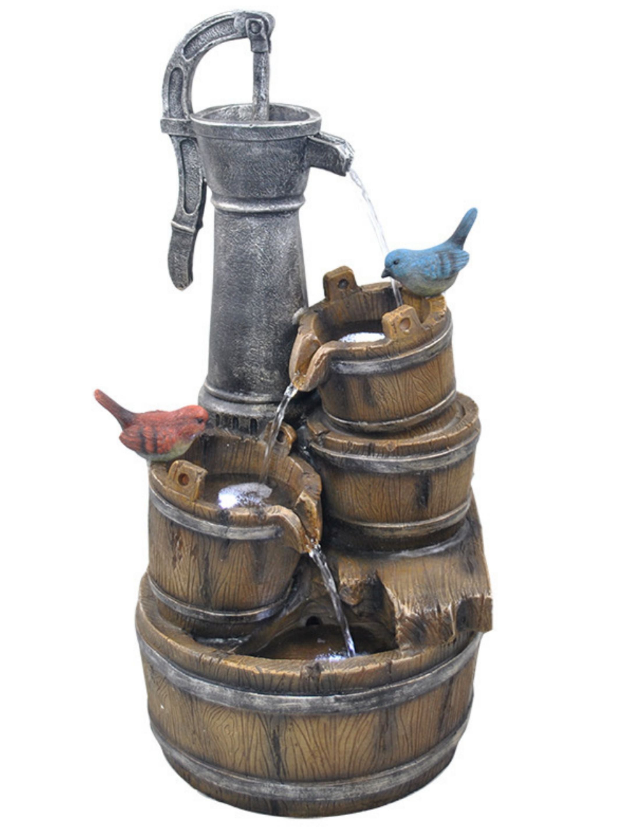 Hand Pump with Buckets & Birds LED Light Water Feature 62cm