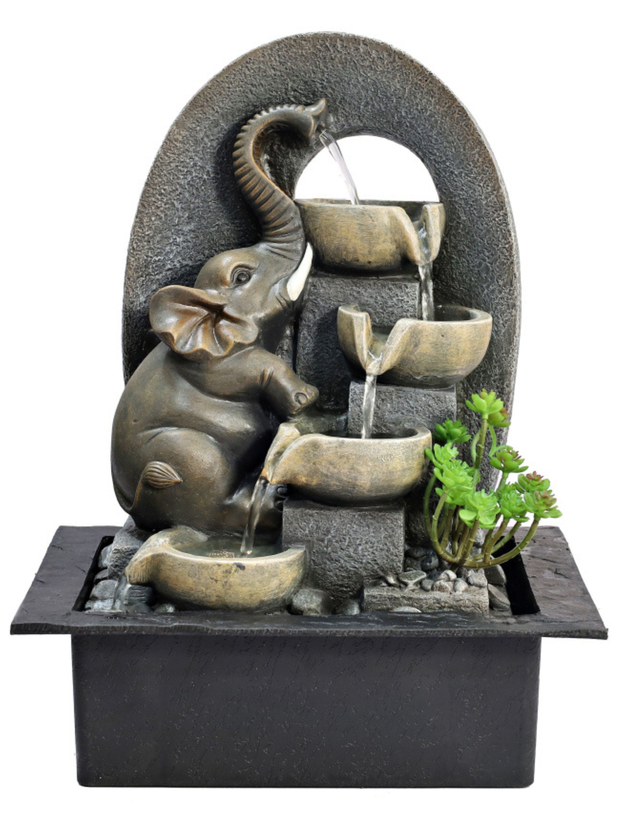 Elephant with Bowls Oval Tabletop LED Light Water Feature 40cm