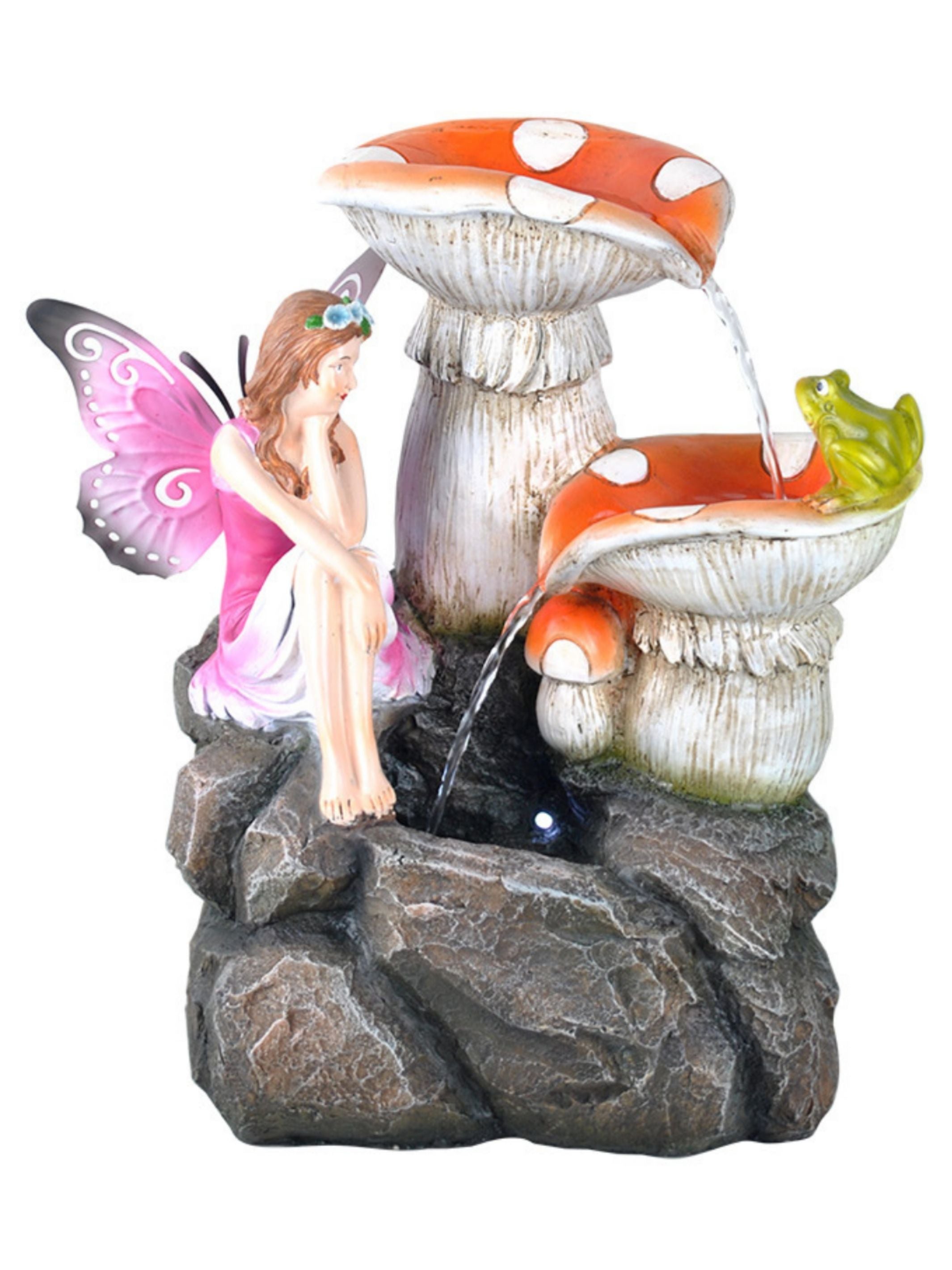 Fairy on Rocks with Mushrooms & Frog LED Light Water Feature 42cm