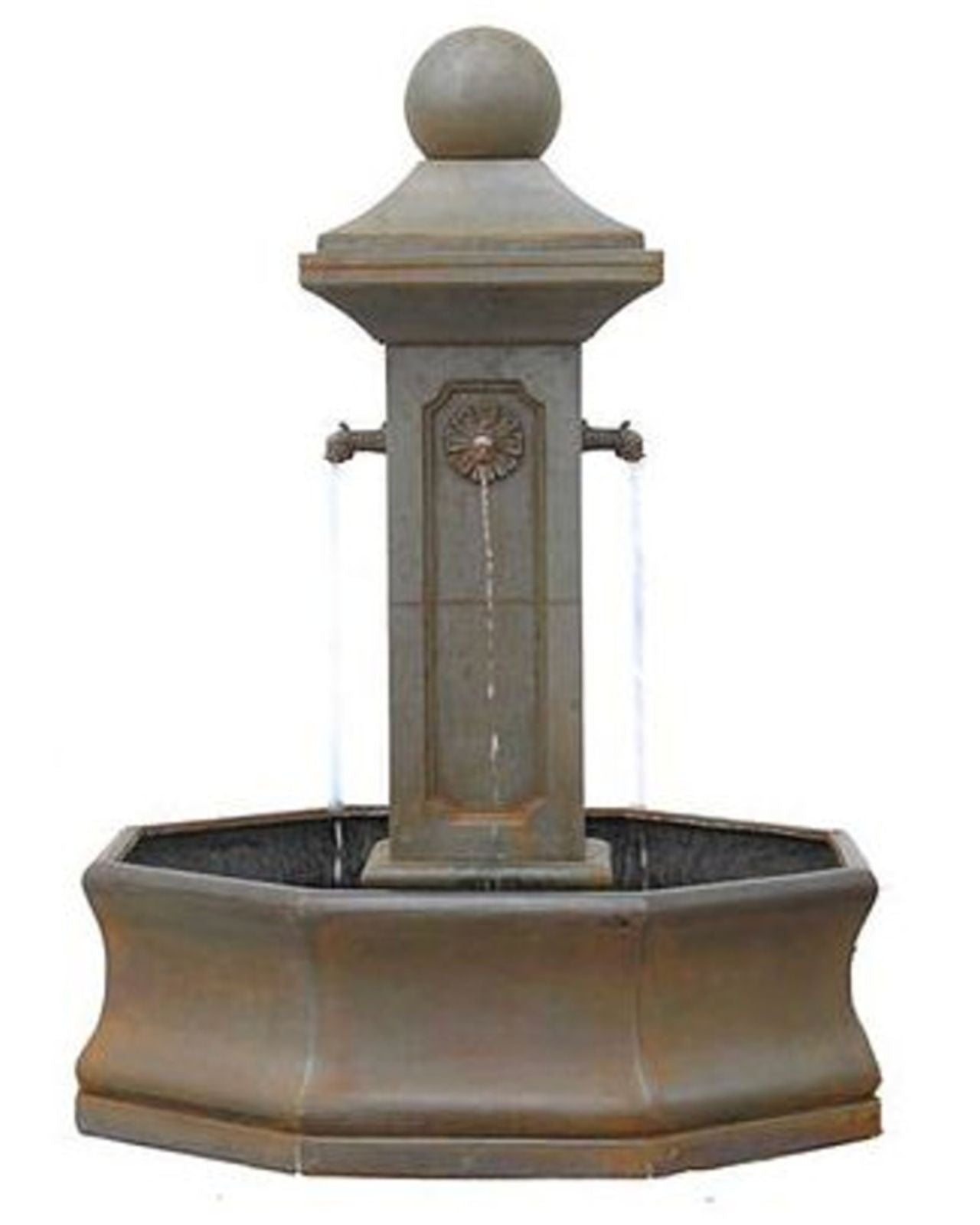 Decorative stone fountain with a spherical top on a white background