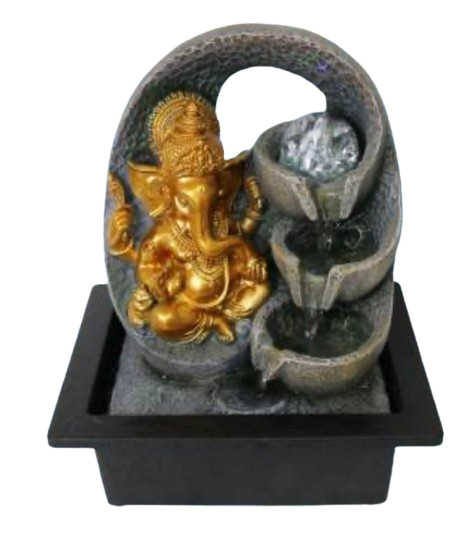 A decorative Ganesha tabletop fountain sculpture with a golden Ganesha figure, a gray stone-like waterfall bowl, and a black rectangular base.