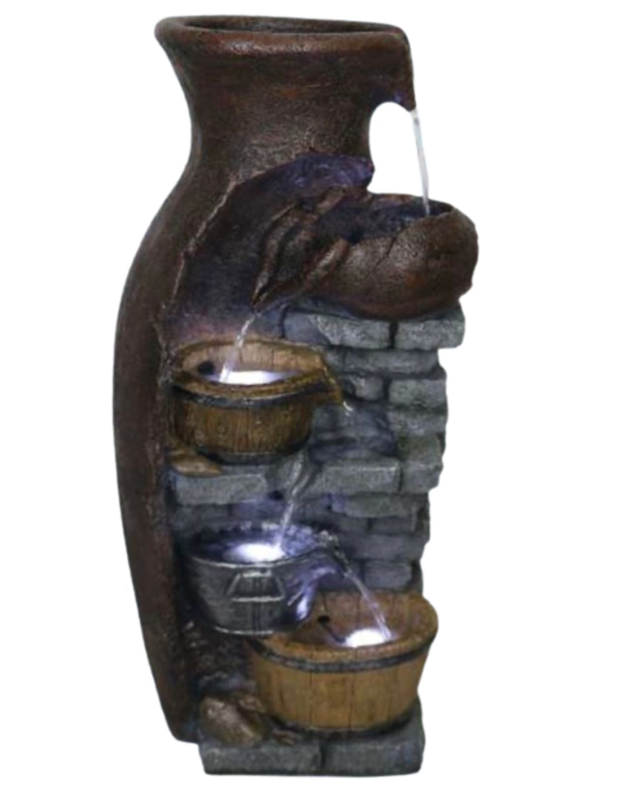 Decorative fountain with stone design and water features on a white background