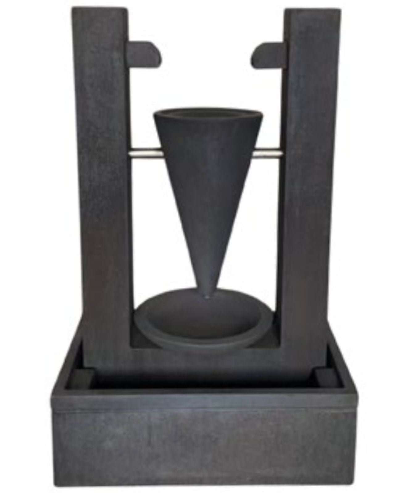 Decorative black sand hourglass-like water feature on a white background